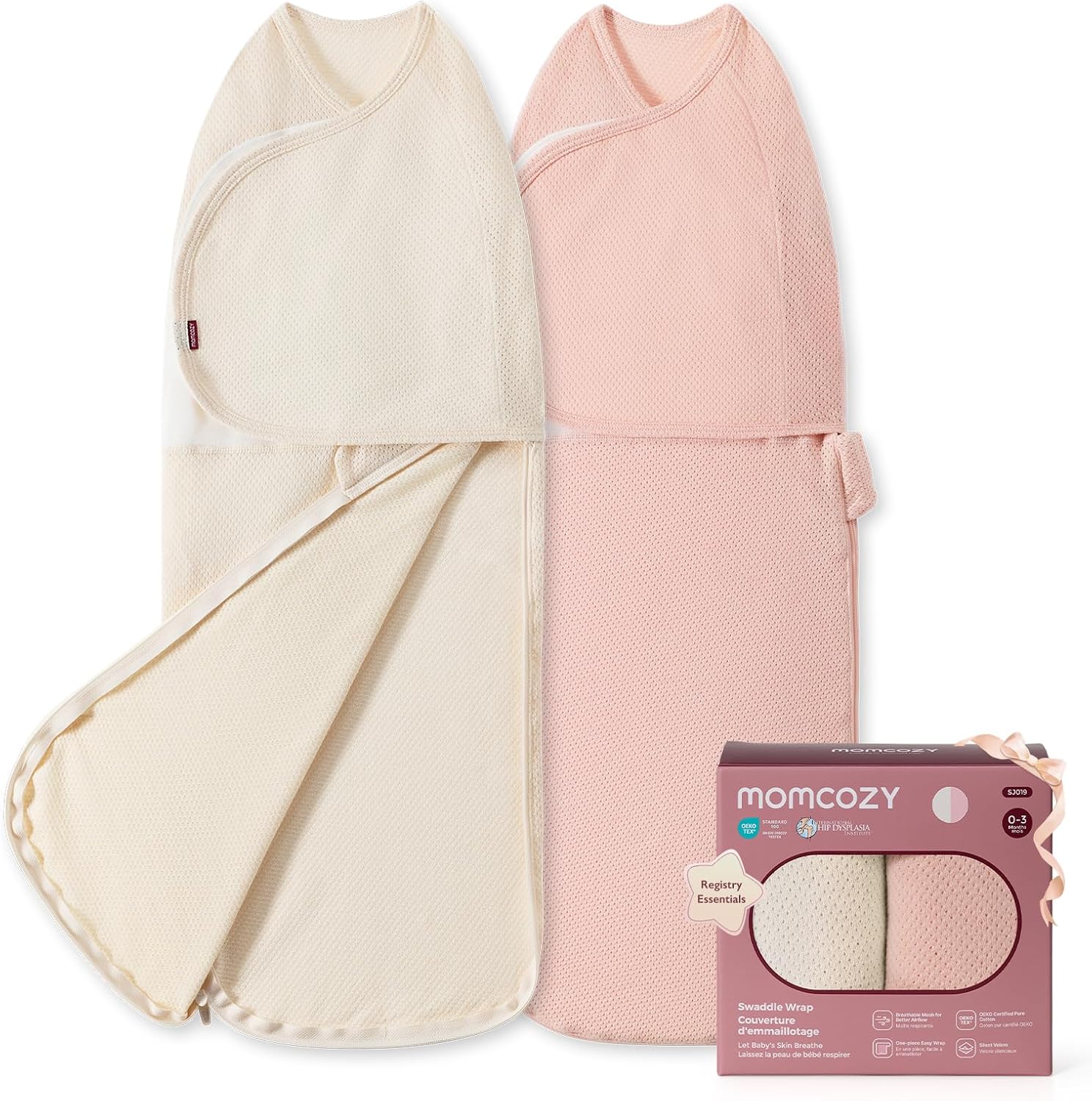 Momcozy Airflow Baby Swaddle, 100% Cotton Lightweight & Ultra Breathable, Ideal for Hot Sleeper Baby, Reduce Startle Reflex, Newborn Boys Girls Registry Essentials, 2-Pack, Petal Mist
