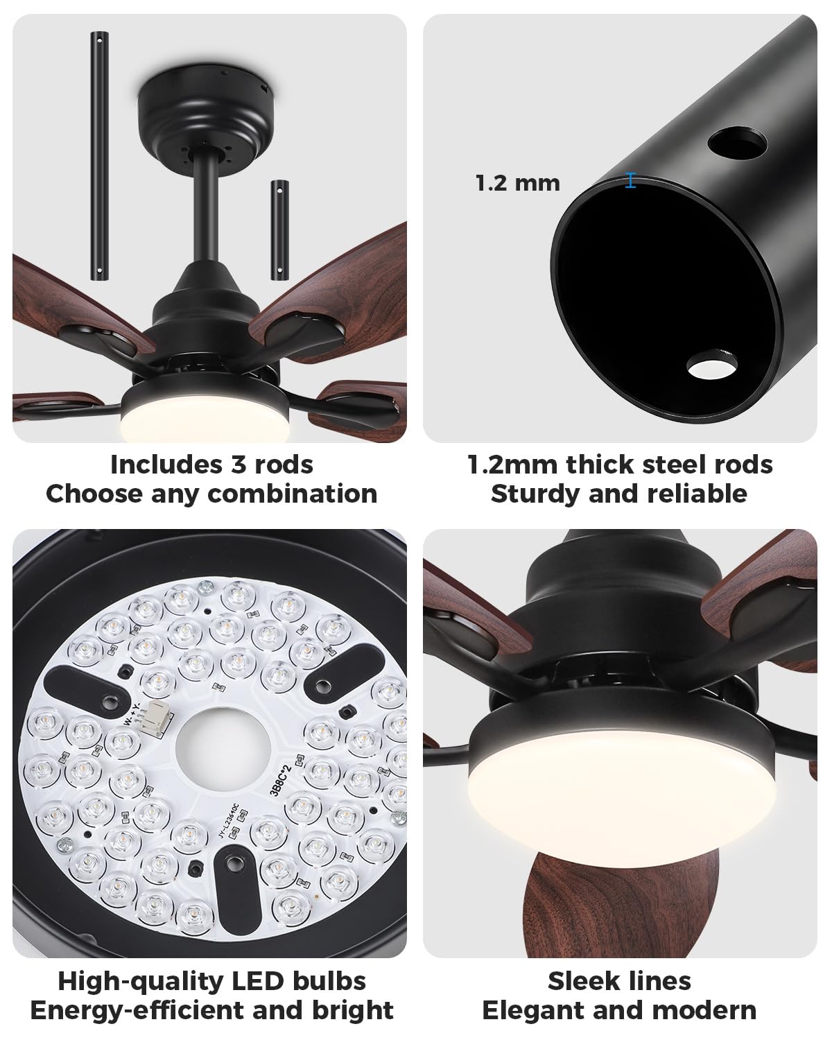 Wentylator sufitowy z oświetleniem, cichy wentylator DC 106 cm z pilotem zdalnego sterowania, ściemniana lampa 3000-6500 K, 5 łopatek, 6 prędkości, timer, do sypialni, jadalni, salonu, kuchni, biura