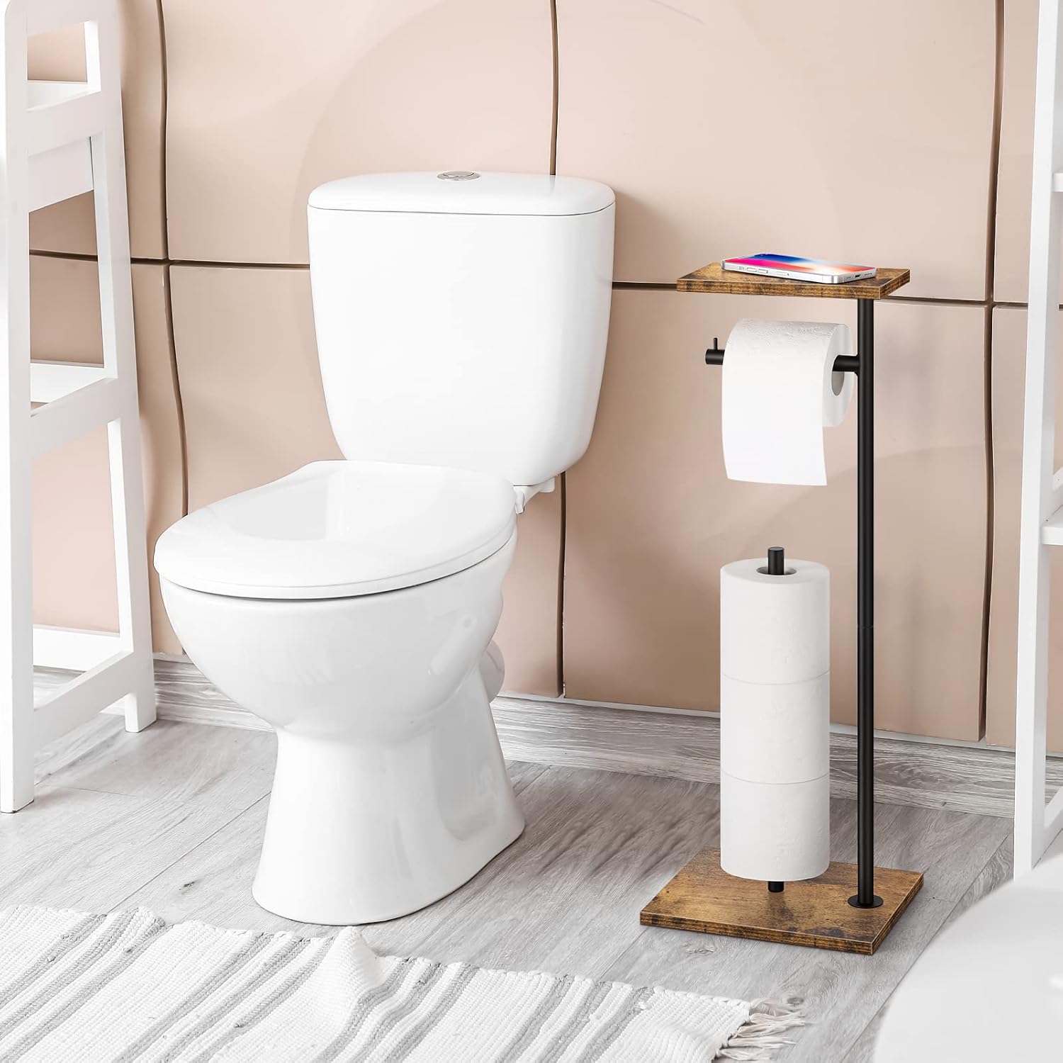 Rustic Brown Farmhouse Toilet Paper Dispenser - FreeStanding Tissue Roll Holder with Shelf for Bathroom Toilet Paper Storage