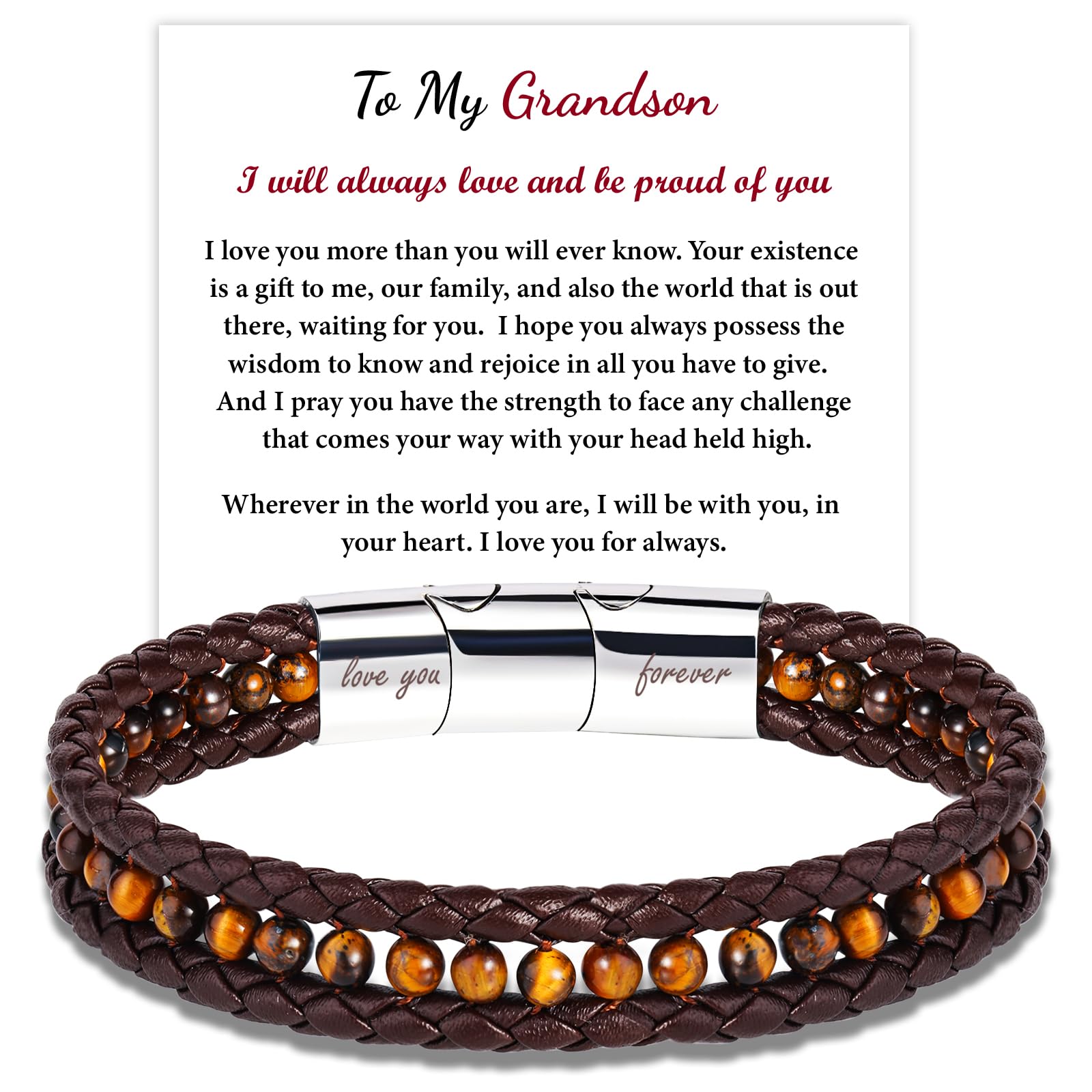 CARITATEMens Bracelet For Grandson Gifts From Grandma: To My Grandson Bracelet Unique Gifts For Him - Tiger Eye Bracelet Mens Leather Bracelets Christmas Graduation Valentines Day Birthday Gift Ideas For Men
