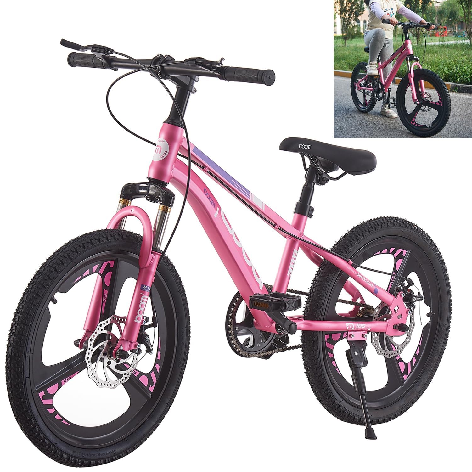 LSLIFE Kids Mountain Bike for Boys Girls 18 20 22 24 Inch Kids Bicycle for 6-16 Years Old Boys Girls with Shock Absorber Dual Disc Brake (Pink, 20 Inch)