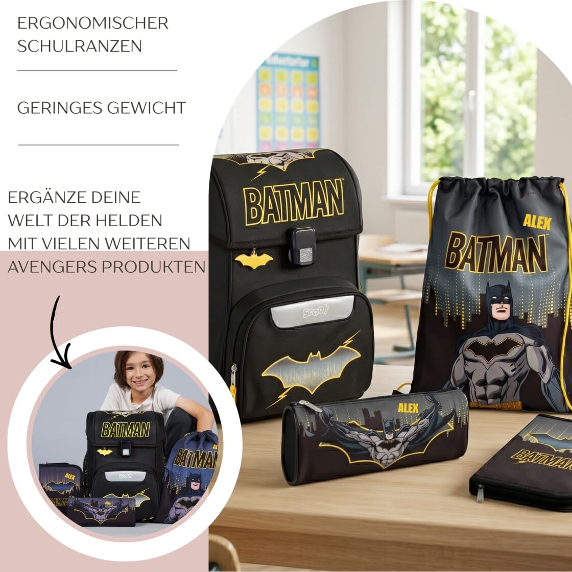 Undercover Juego de mochilas escolares de 5 piezas, para niñas de 1ª clase, con contenido personalizado, estuche escolar, diseño de Scooli, Batman Negro, Juego de mochila escolar