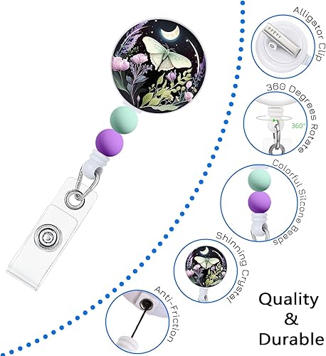 Miniatura 4 de Immaturus Carretes retráctiles con cuentas, lindo carrete de insignia de mariposa y luna, divertidos soportes para tarjetas de identificación