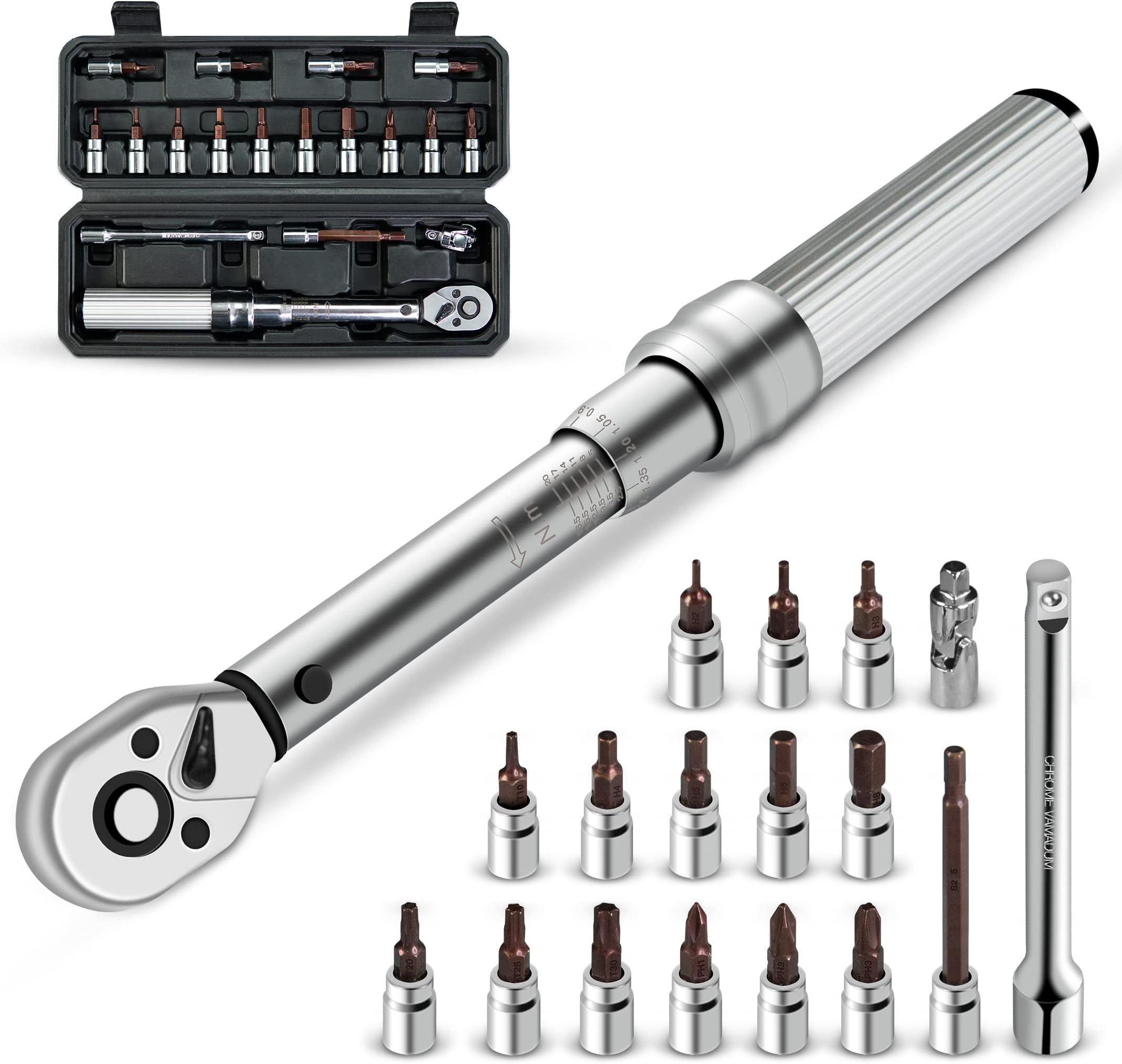 1/4-Inch Drive Click Torque Wrench Set Bike Tool 2.0-20.0 Nm(17.7-177.0 in.lb) Dual Direction, Hex/Torx/Phillips Bit Socket Extension Bar Bicycle Maintenance Kit, 18 PCS