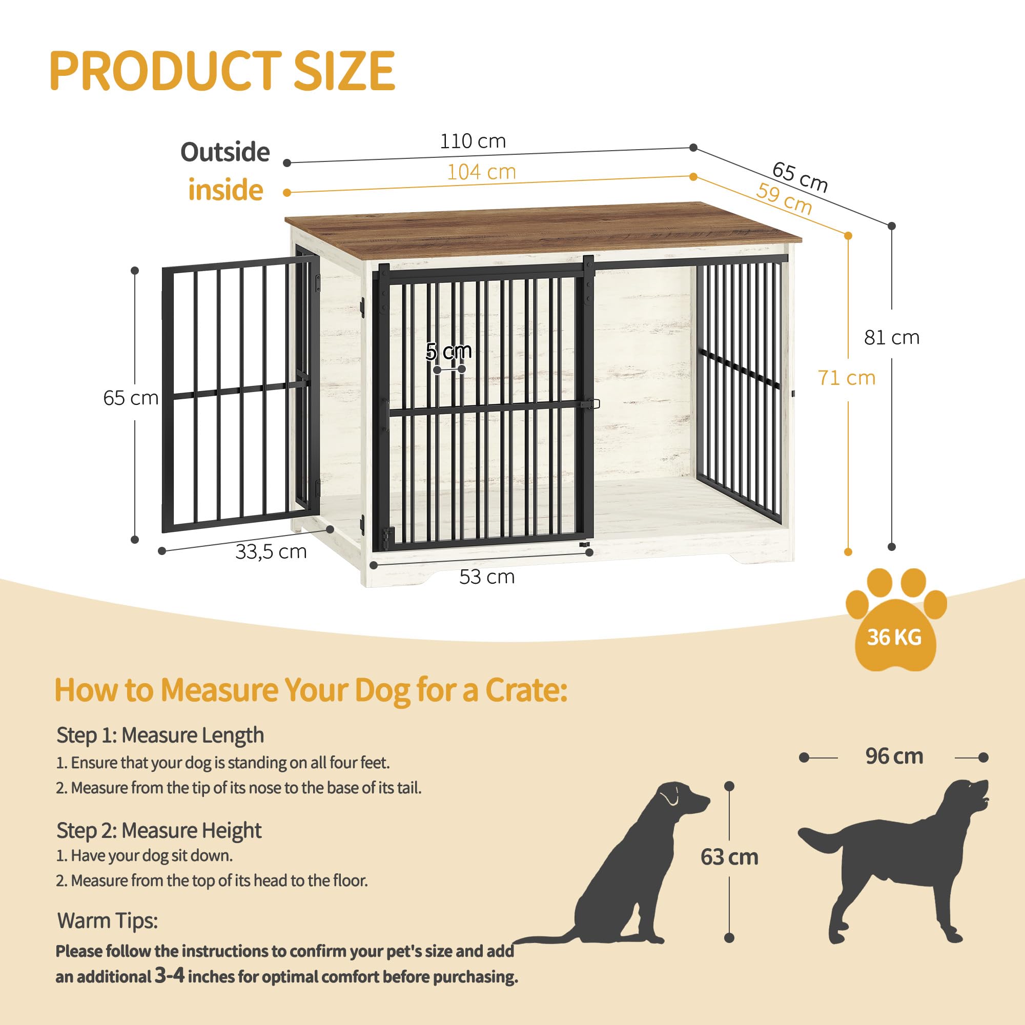 Hzuaneri 110cm Jaula para Perros, Mesa Auxiliar, casa Moderna para Perros, Jaula para Cachorros, dúplex para Animales, 2 Puertas, 65 × 110 × 81 cm, Blanco Marrón DFC84414B