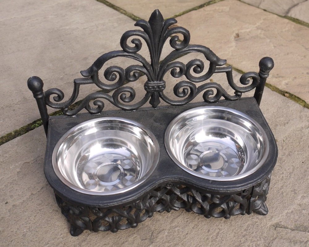 Best Value Here Antique Style Cast Iron Pet DOG CAT Raised Bowls 2 Stainless Steel DIsh Food Water Large Small (Small)
