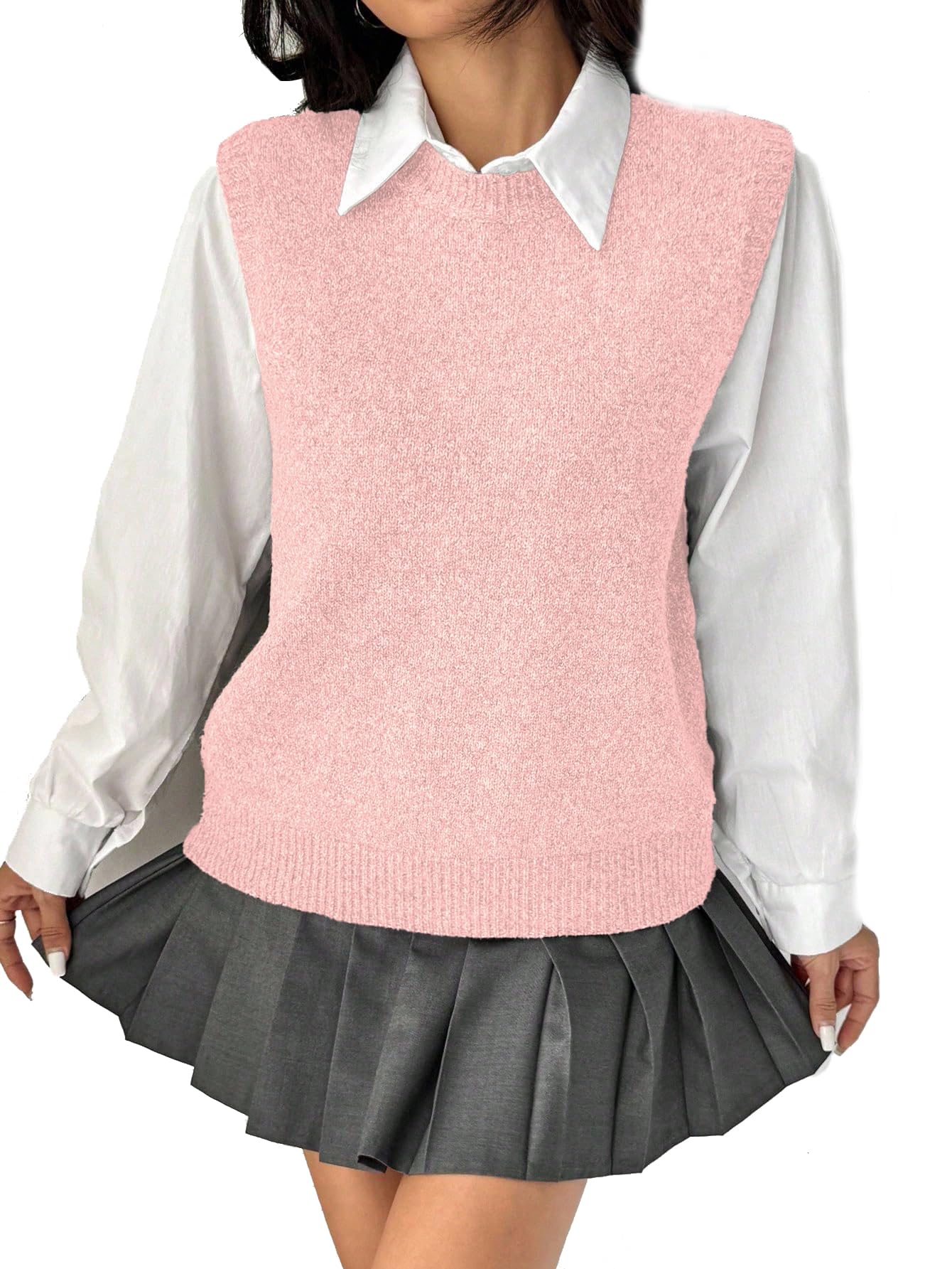 OYOANGLE Womens Sweater Vest Sleeveless V Neck Preppy Loose Knitted Casual Pullover Sweater Tank Top