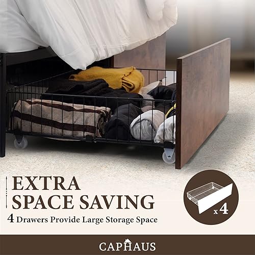Miniatura 4 de CAPHAUS Base de cama de almacenamiento de metal industrial con 4 cajones, base de colchón con soporte de listones de metal, marco de cama de