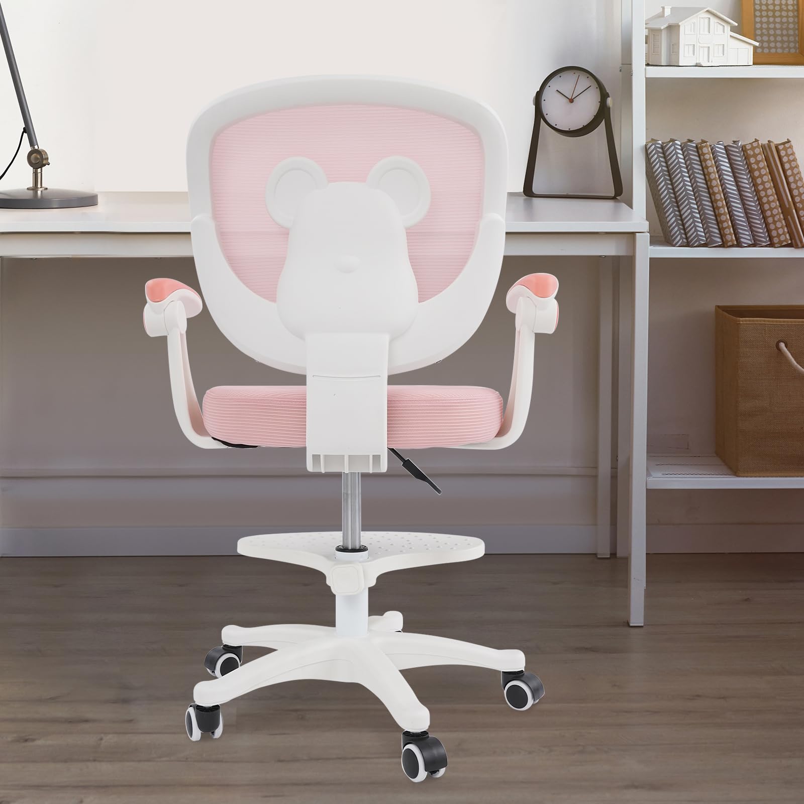 Sedia da scrivania per bambini dai 6 anni in su, regolabile in altezza, per bambini, ergonomica, con braccioli, schienale e ruote, per ragazzi e ragazze (rosa)