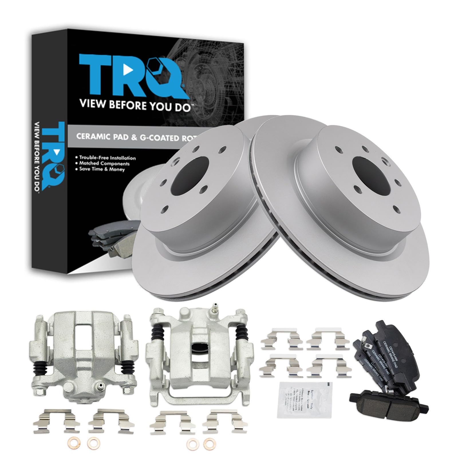 TRQ Rear Brake Pad and Rotor Set Ceramic Coated Rotors Calipers Compatible with 2005-2007 Infiniti G35 2006-2009 M35 M45 2007-2009 Nissan 350Z