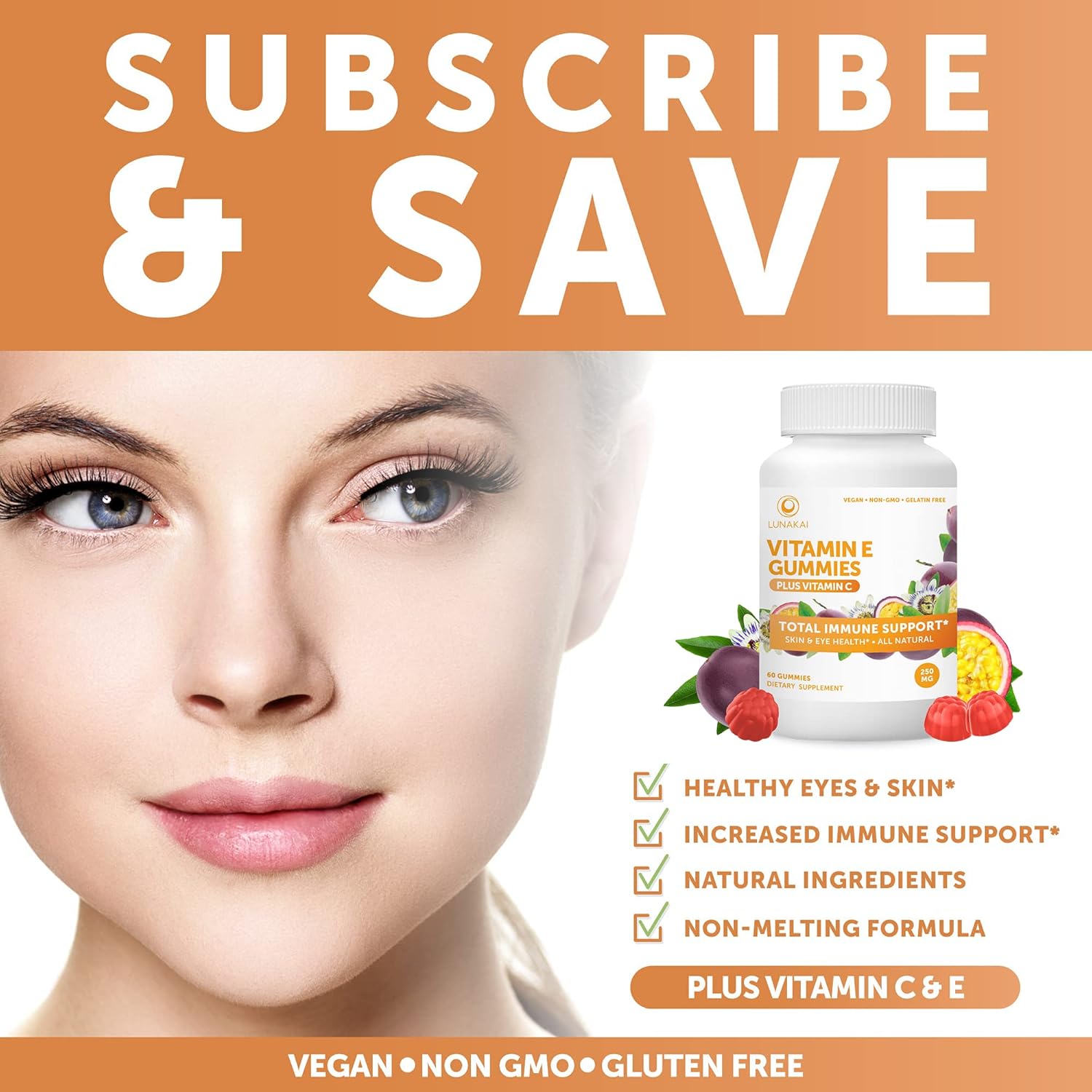 Vitamin E Gummies with Vitamin C – 250 mg 1000 iu Natural VIT E Plus C Supplements, Non-GMO No Corn Syrup Vegan All Natural Vitamina E Gummy for Eye & Skin Health : Health & Household