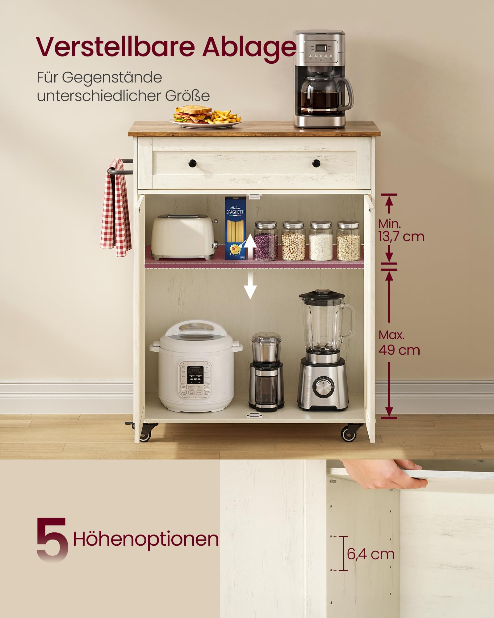 VASAGLE Siren Kollektion - Küchenschrank, Kücheninsel, Küchenwagen mit Arbeitsplatte, Rollen, Rollwagen Küche, Schublade, Landhausstil, verstellbare Ablage, wolkenweiß-honigbraun KKI009WJ01