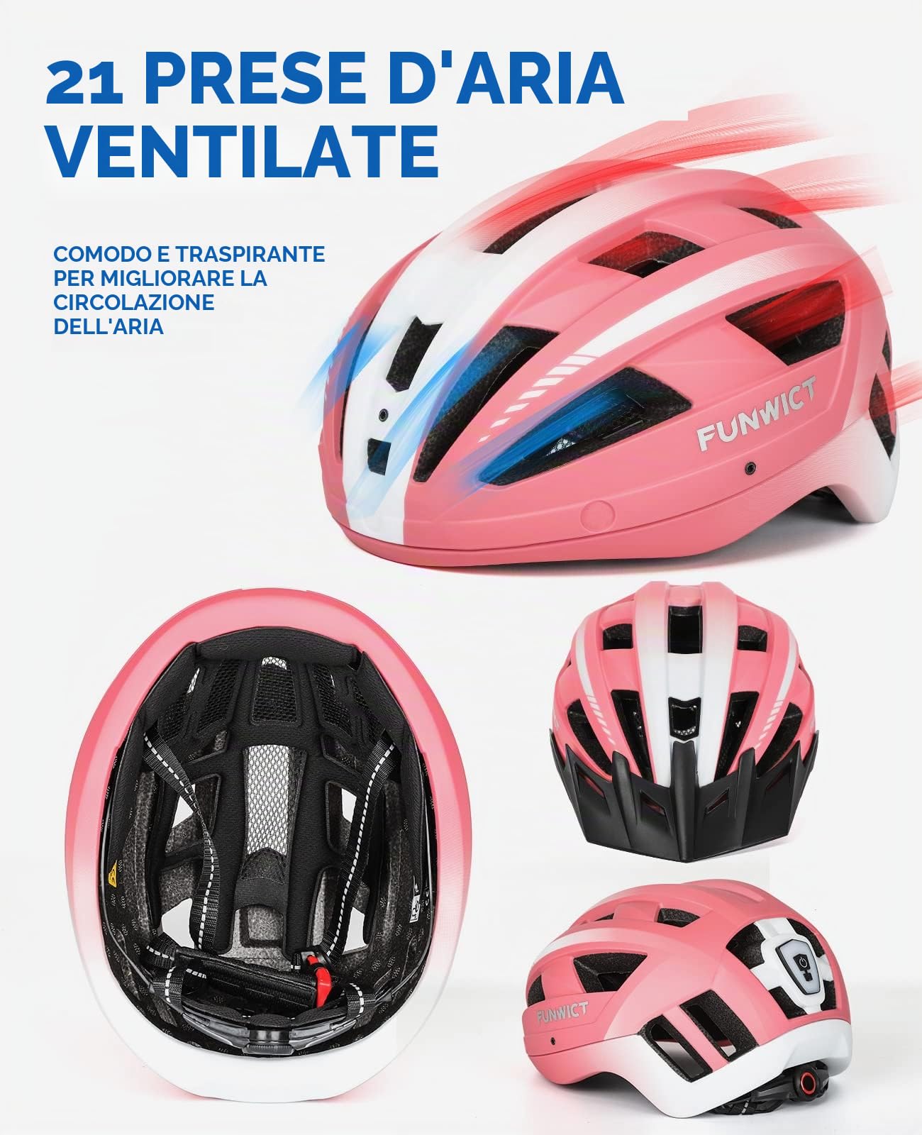 Casco Bici per Uomo Donna Adulto, Leggero Casco MTB con Visiera Rimovibili Occhiali Magnetici Staccabili e LED Luce Ricaricabile, Casco Ciclismo da Corsa Caschetto Bici (M: 54-58 cm, Rosa)