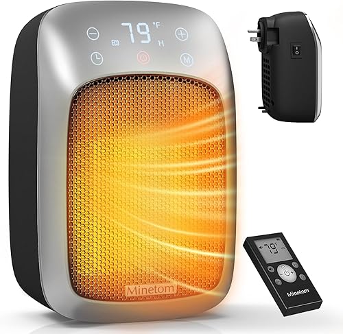 Minetom Calentador de espacio enchufable de 800 W, calentador de pared portátil con termostato ajustable, control remoto, modo ECO, temporizador de