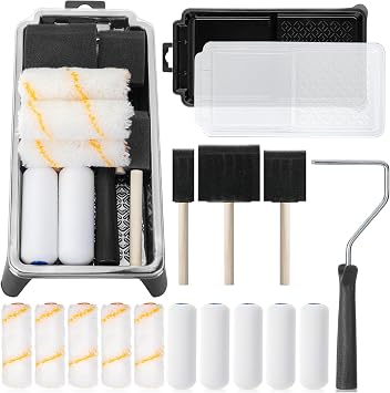 Bates- 4 Inch Paint Roller Set, 18 pcs, 1x Plastic Paint Tray, 3X Disposable Tray Liners, 1x Roller Frame, 5X Foam Covers, 5X Microfiber Covers, 3X Foam Brushes 1", 2", 3"
