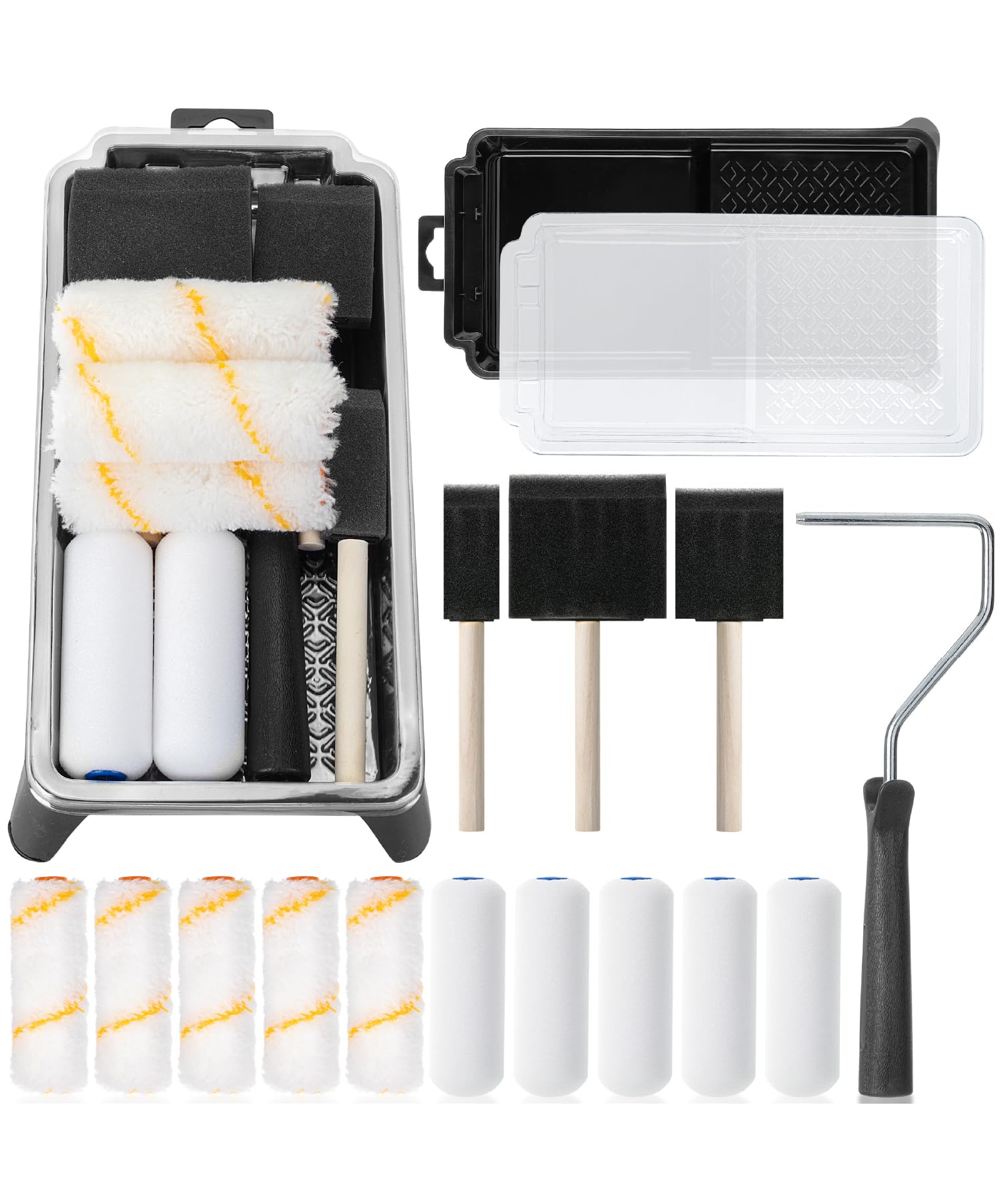 Bates- Paint Tray Set, Paint Tray Set: 5X 4 high Density Foam Paint Roller Cover, 5X 4 Microfiber Paint Roller Cover(4" Paint tra, 3X 4 Paint Tray Liner, 1x 4 Roller Frame, 3X Foam Paint Brush