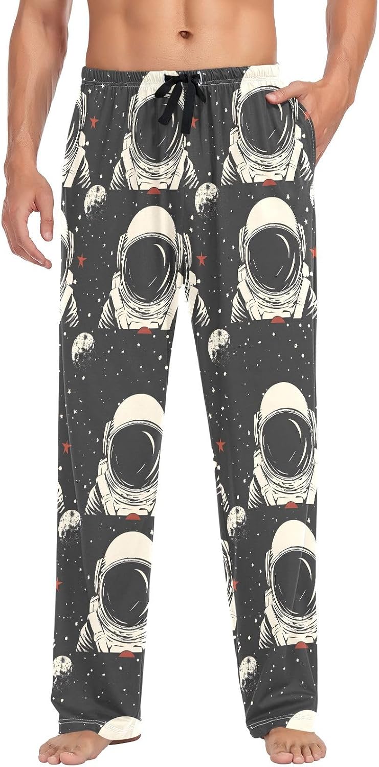 ALAZA Astronaut Portrait Moon Starry Sky Men's Pajama Pants Men Cotton Pajama Bottoms with Pockets, S