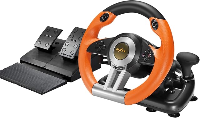 PXN PC Racing Wheel, V3II 180 Degree Universal USB Car Sim Game Steering Wheel with Pedals for PS3, PS4, Xbox One, Xbox Series X/S, Switch (Orange)