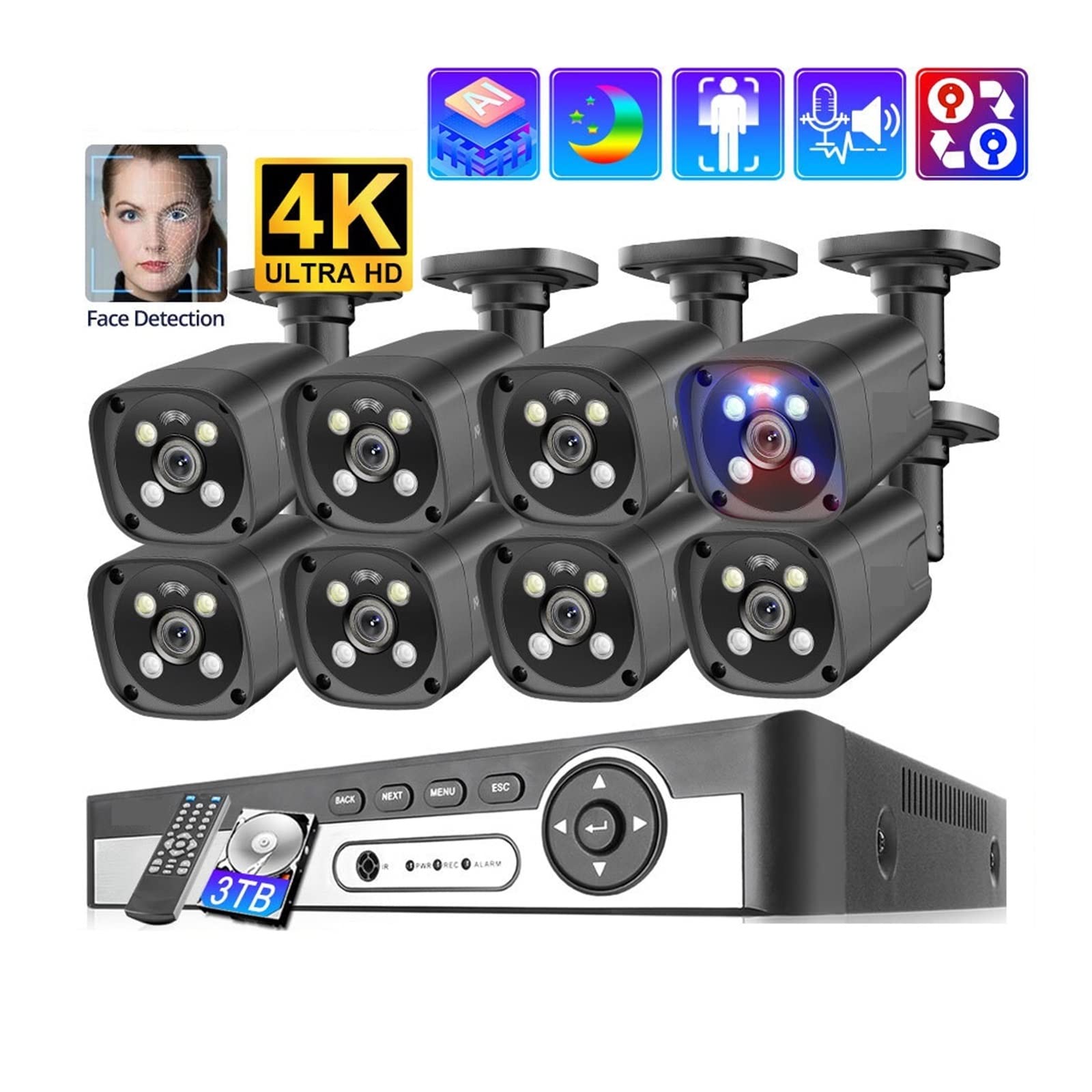 System Kamer Bezpieczeństwa POE Zestaw NVR Zestaw Do Nadzoru Wideo Strona Główna 2-kierunkowy Dźwięk Ai Kamera Wykrywanie Twarzy Kolor Noc łAtwa W Instalacji(4T,8CH NVR AND 2PCS CAM)