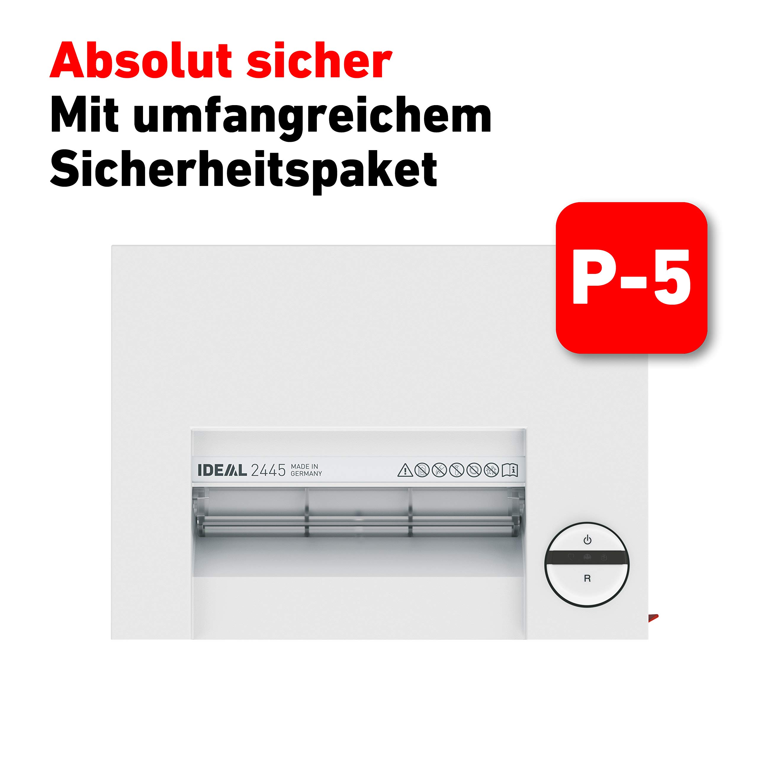 IDEAL 2445 niszczarka do dokumentów, poziom bezpieczeństwa P-5, cięcie cząstek stałych/cięcie krzyżowe 2 x 15 mm, pojemność 10 arkuszy, pojemnik na odpady 35 l, zgodność z DSGVO, niszczy również karty kredytowe, zszywki biurowe/zszywki