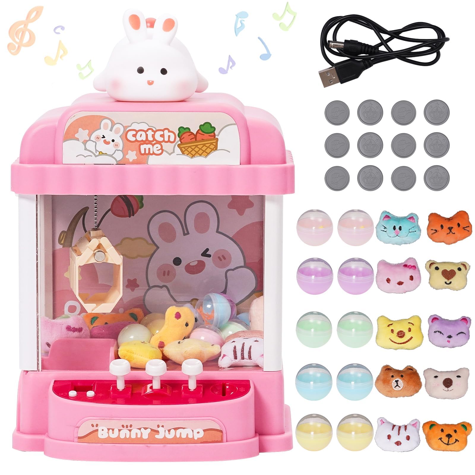 Macchina ad Artiglio per Bambini con 10 Giocattoli di Peluche e 10 Gashapons Candy Grabber Macchina Caramelle Mini Distributore per Bambini Giochi Arcade con Musica Regalo per Natale e Compleanno