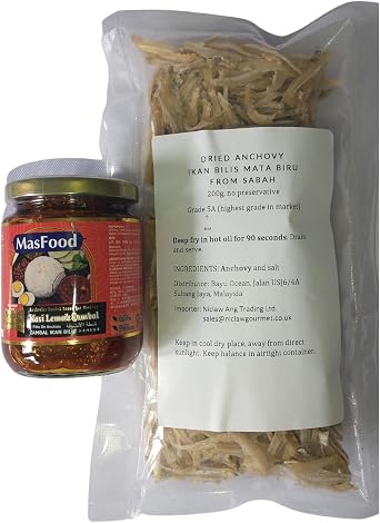 Mild Spicy Nasi Lemak Bundle One Bottle Nyonya Nasi Lemak Sambal, 240G Each, Halal and 1 packet Grade 5A Sabah's Blue-Eyed Dried Anchovy 200G Each, Halal
