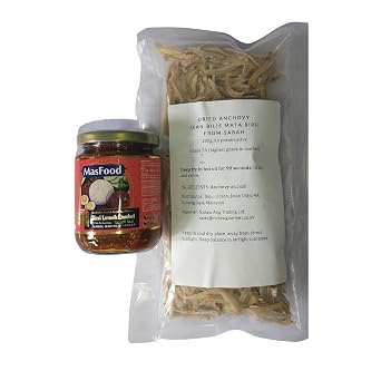 Niclaw Gourmet Mild Spicy Nasi Lemak Bundle One Bottle Nyonya Nasi Lemak Sambal, 240G Each, Halal and 1 Packet Grade 5A Sabahs Blue-Eyed Dried Anchovy 200G Each, Halal
