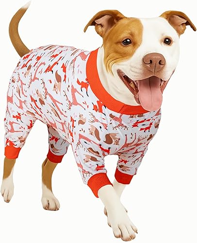 LovinPet Ropa grande para perros de Pitbull para niña, pijama para perros grandes, tela elástica ligera, overol con estampado de crema para perro,