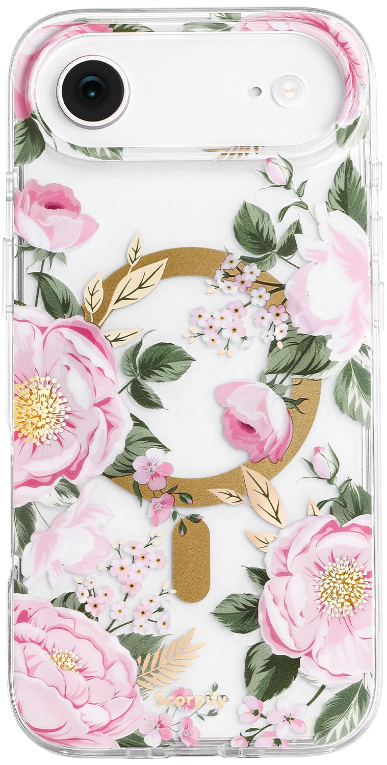 SCORPIFY for iPhone 17 Air Case [Compatible with MagSafe] with Pink Peony Floral Design, Cute Clear Flower Magnetic Phone Cover for Women Girls, Slim Shockproof Bumper with Gold Accents