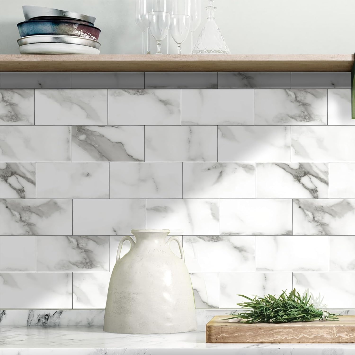 URCOLOR 32-Piece Peel and Stick Backsplash Wall Tile, 4"x 8" PVC Glossy White Gray Marble Stick on Subway Tiles for Kitchen, Bathroom, Laundry Room, Camper, Fireplace
