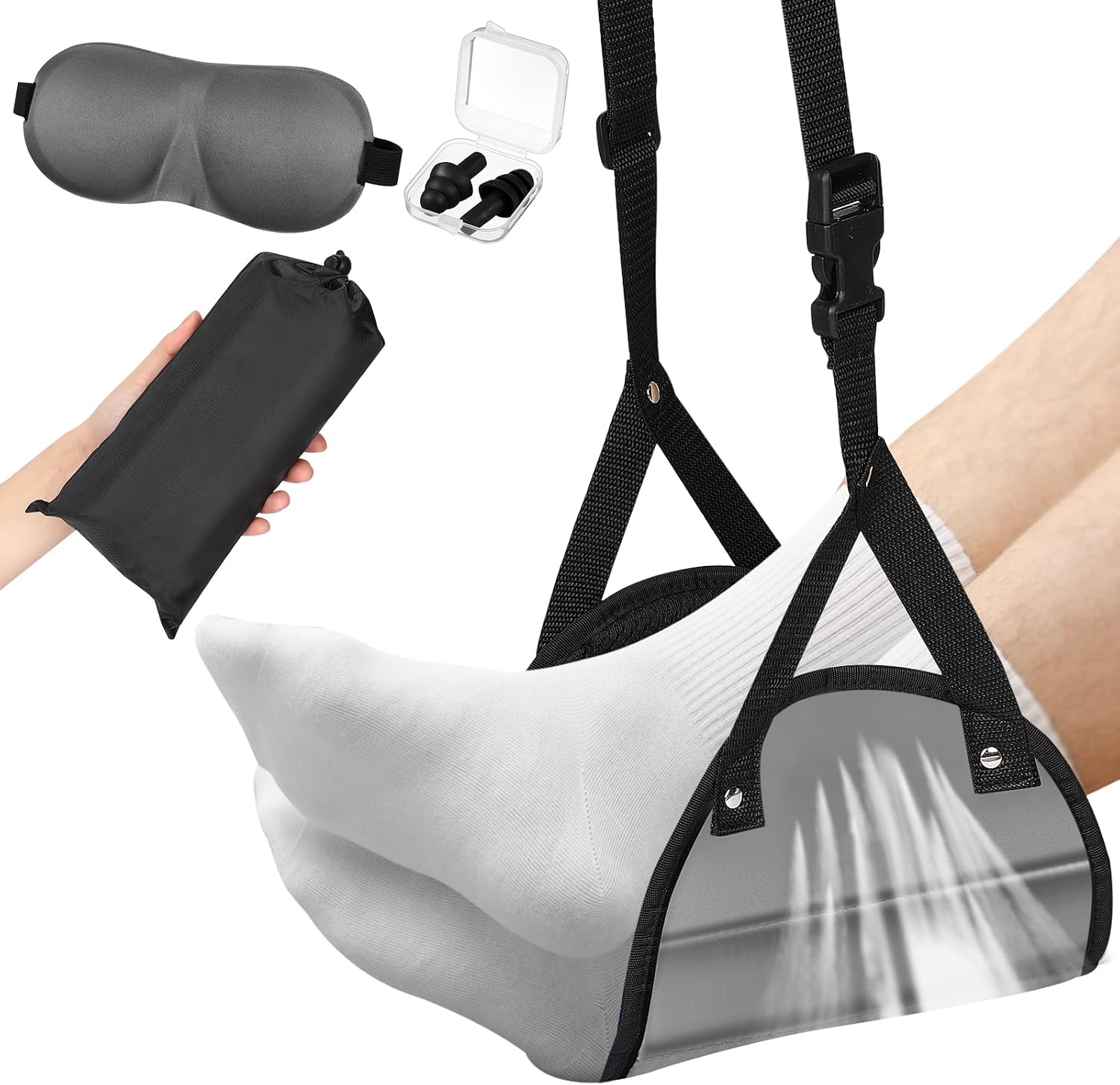 Yerliker Airplane Foot Hammock(Memory Foam) with Earplugs and Eye Mask Travel Necessities Adjustable Airplane Desk Foot Rest for Long Trip Pain and Swelling Relief(Green)