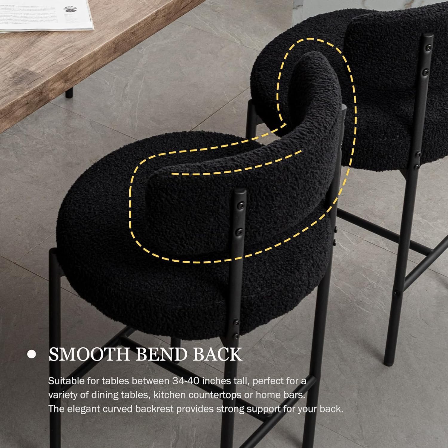 Cinxzar Boucle Bar Stools Set of 2, Black Counter Height Bar Stools with Backs, Modern Barstools for Kitchen Island, Pub, Club