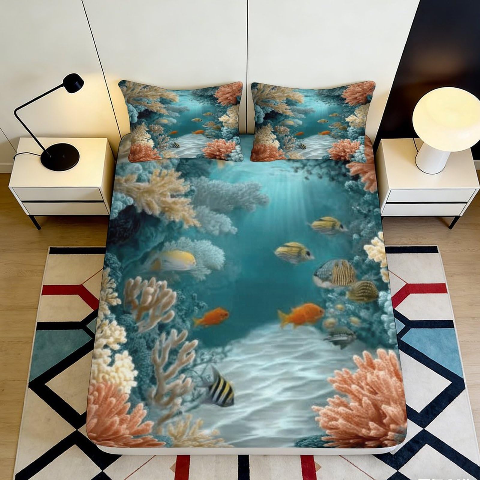 3D Printed Coral Reef Fitted Sheet Microfiber Soft Breathable Underwater Fish Bed Cover for Bedroom Dormitory Guest Room Mattress Protection 200x200x25cm
