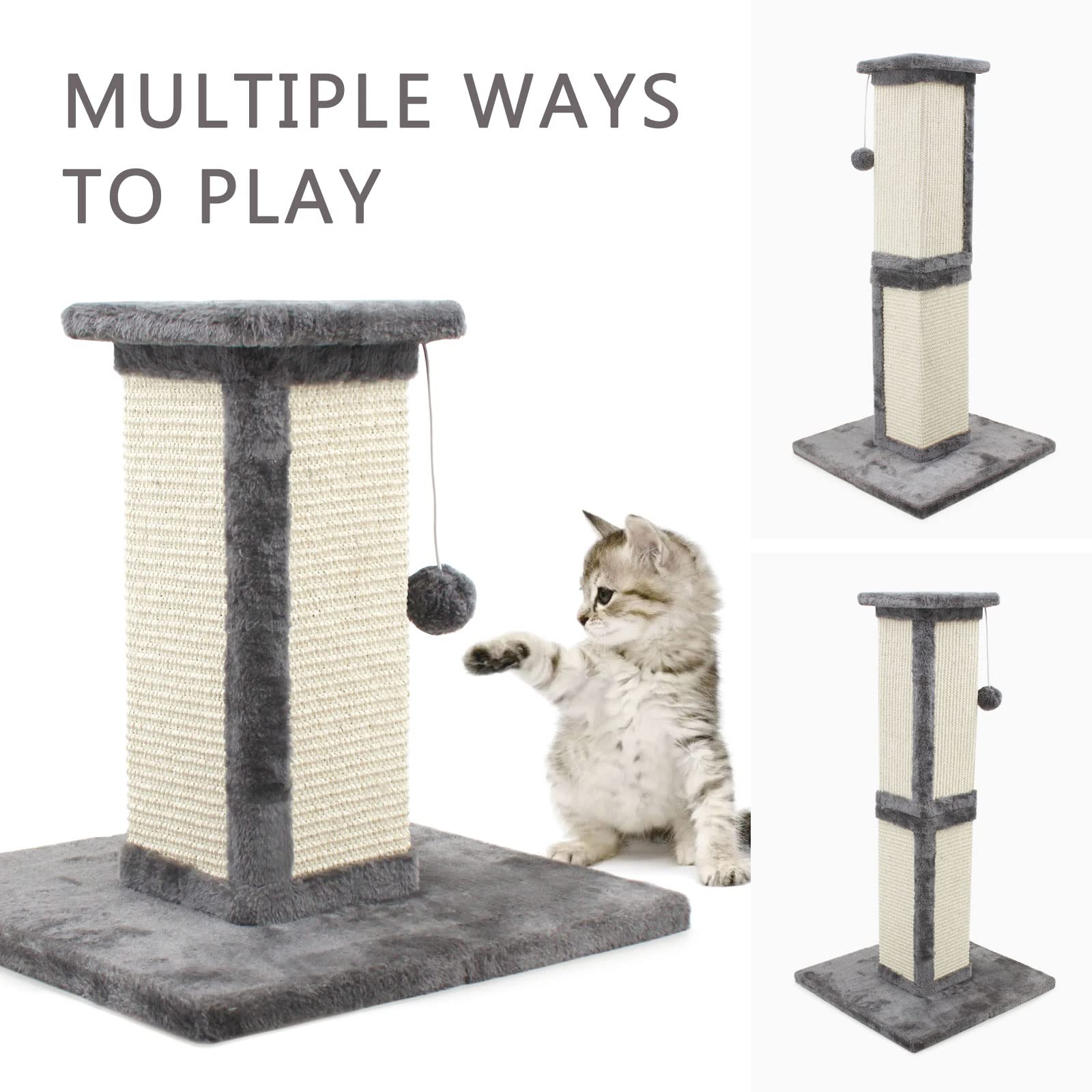 SONGWAY Tiragraffi Alto per Gatti – Albero Tiragraffi per Gatti in Corda di Sisal Naturale con Palla Appesa, Giocattolo Tiragraffi Gatto, Grigio