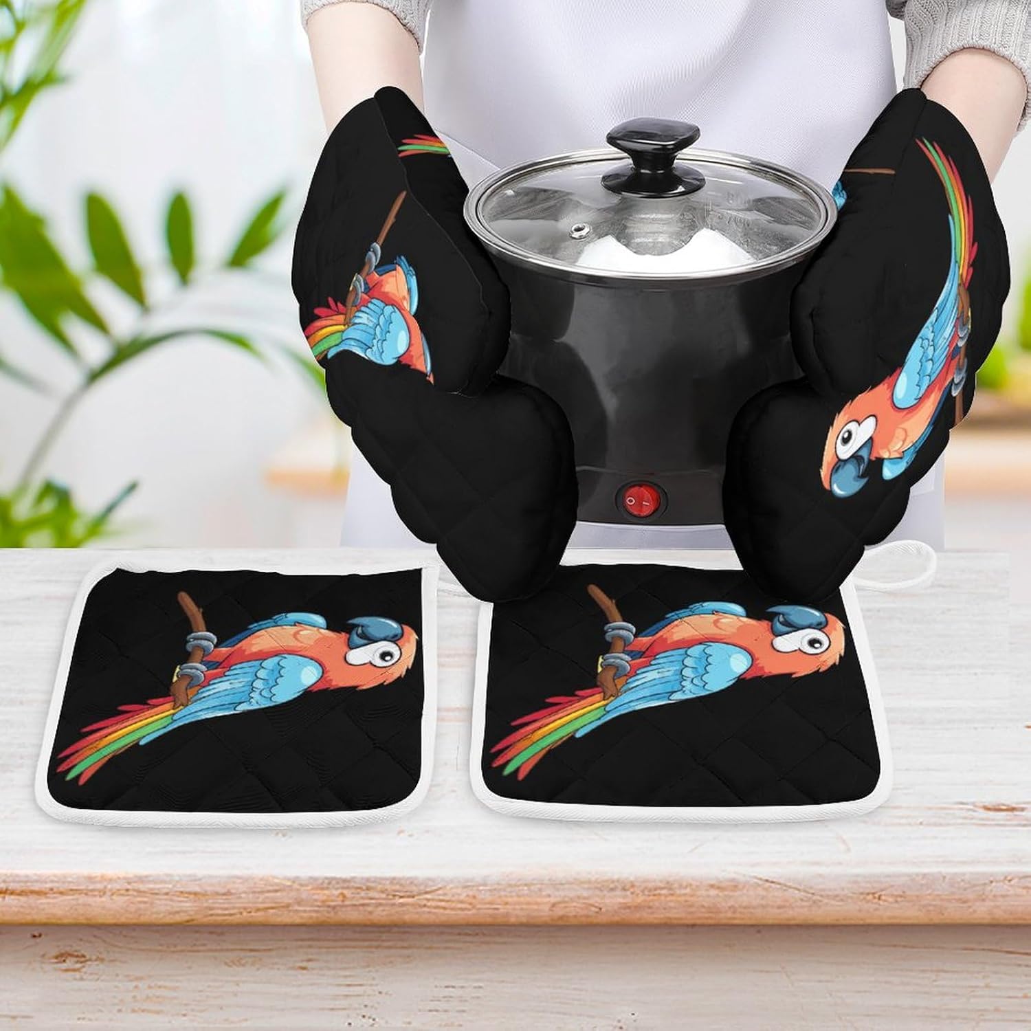 Parrot Bird 4 Pcs Oven Mitts and Pot Holders Set High Heat Resistant Long Kitchen Oven Glove Potholders