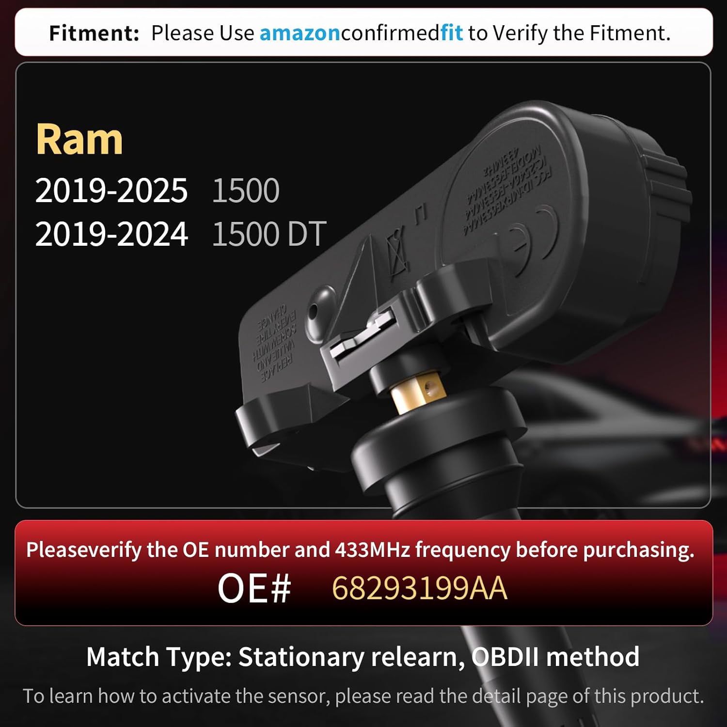 Marsflex TPMS Tire Pressure Sensor - Fit for Dodge Ram 1500 2019-2025, Ram 1500 DT 2019-2024, Tire Pressure Monitoring System 433MHz Set of 4, Replacement OE 68293199AA