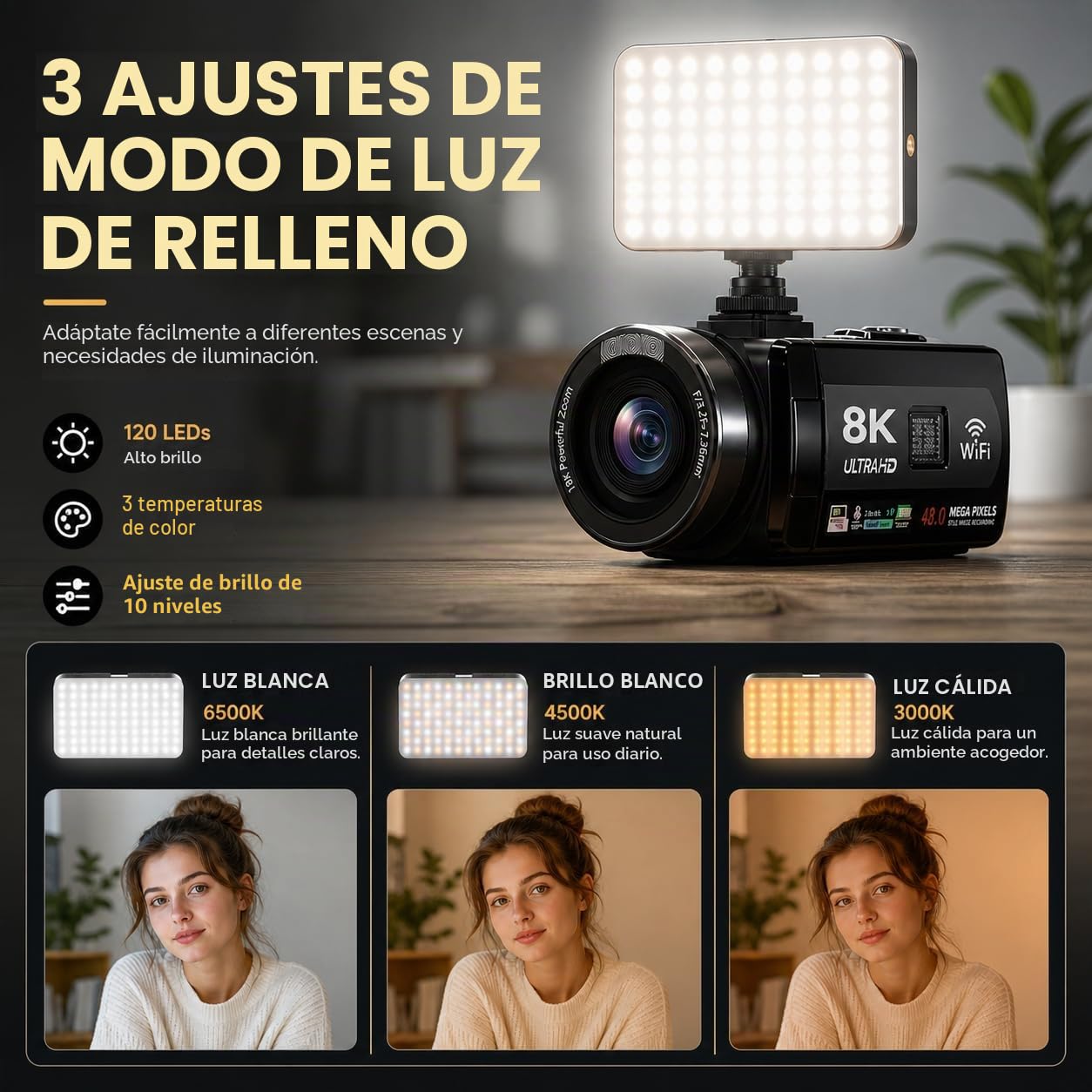 Cámara de vídeo, videocámara 8K 48MP 15FPS UHD WiFi cámara de vlogging con visión nocturna IR para YouTube, pantalla táctil de 7,6 cm con zoom digital 18X, con luz de relleno, micrófono,