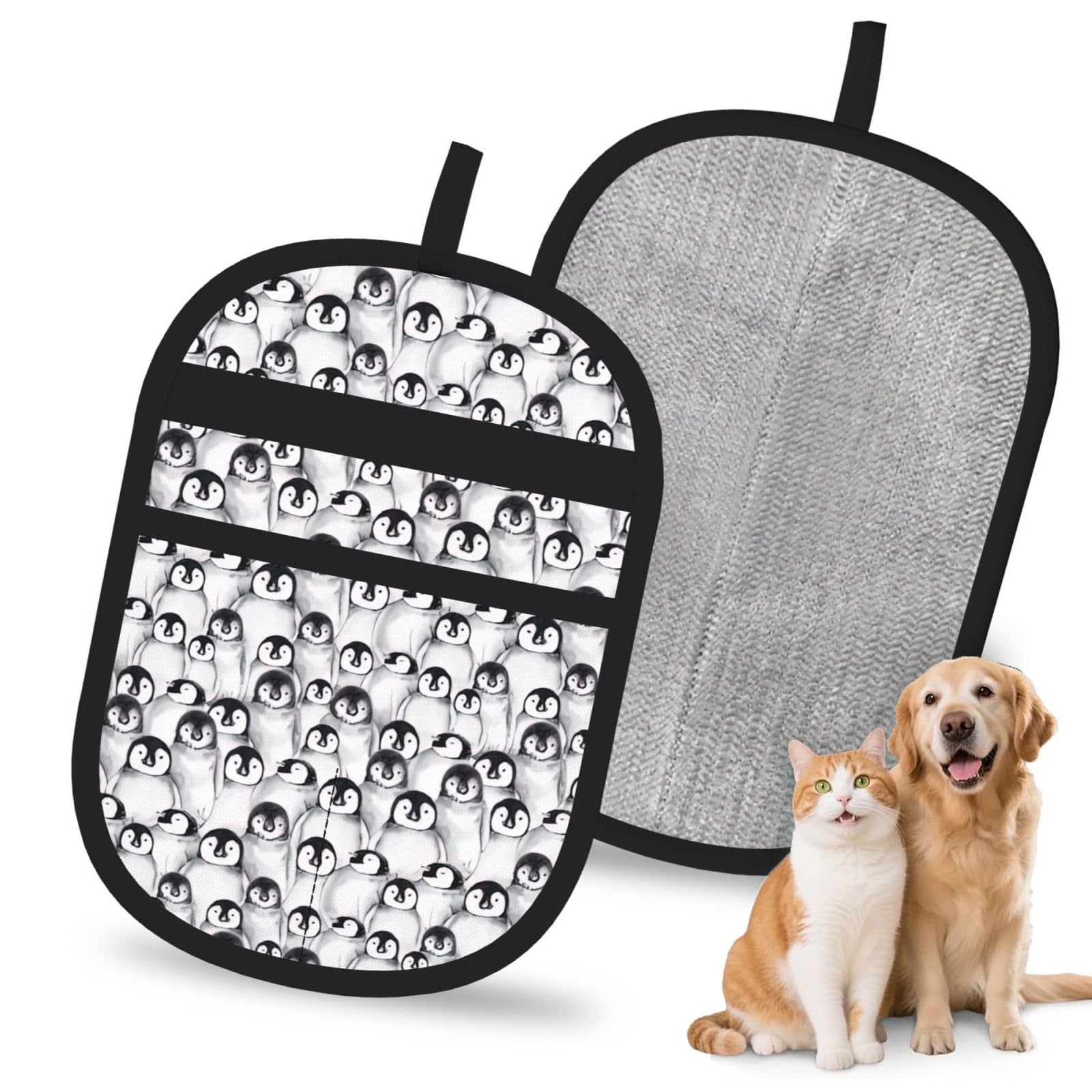 Cute Penguins Sketch Print Pet Hair Remover Gloves Grooming Cleaning Accessory Reusable Deshedding Tool