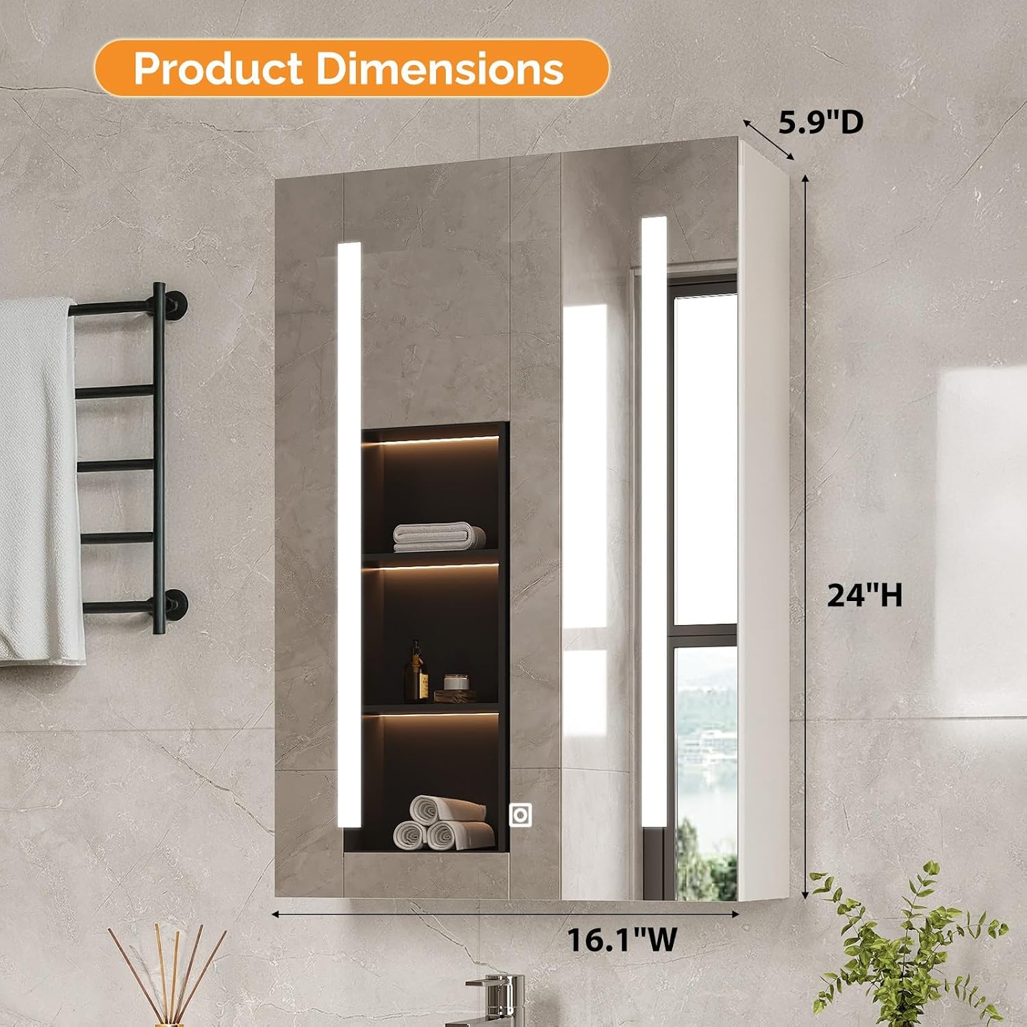 VINGLI 16Inch Medicine Cabinet with Lights, Lighted Medicine Cabinet with Mirror, Led Wall Mirror with Storage for Bathroom,Wall Mounted,3-Color Memory Mode Light，White,5.9" D x 15.75" W x 23.6" H