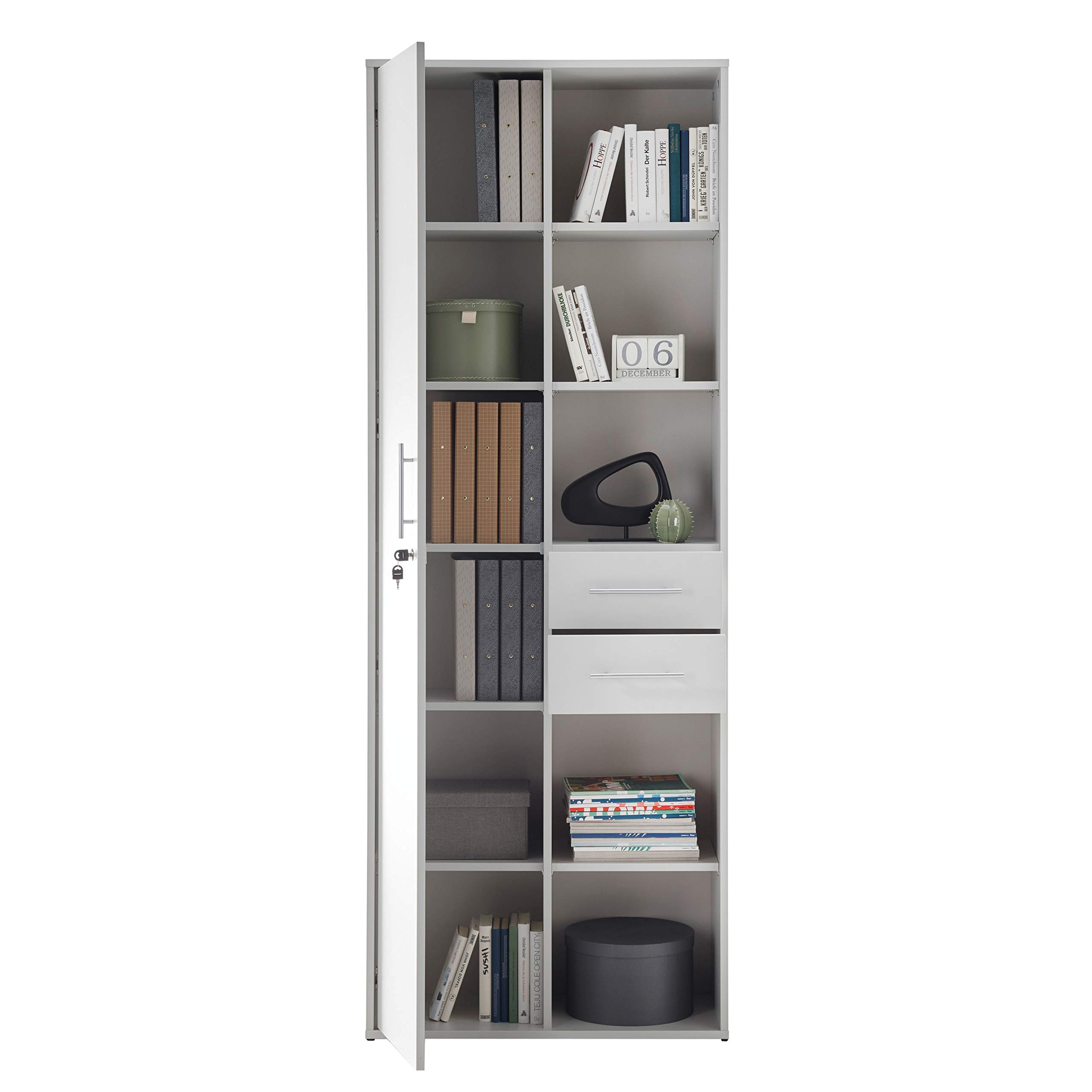Stella Trading Pronto Étagère à dossiers verrouillable, Gris Clair - Étagère sur Pied avec Compartiments et tiroirs - Ensemble Complet de mobilier de Bureau Moderne - 80 x 216 x 35 cm (L/H/P)