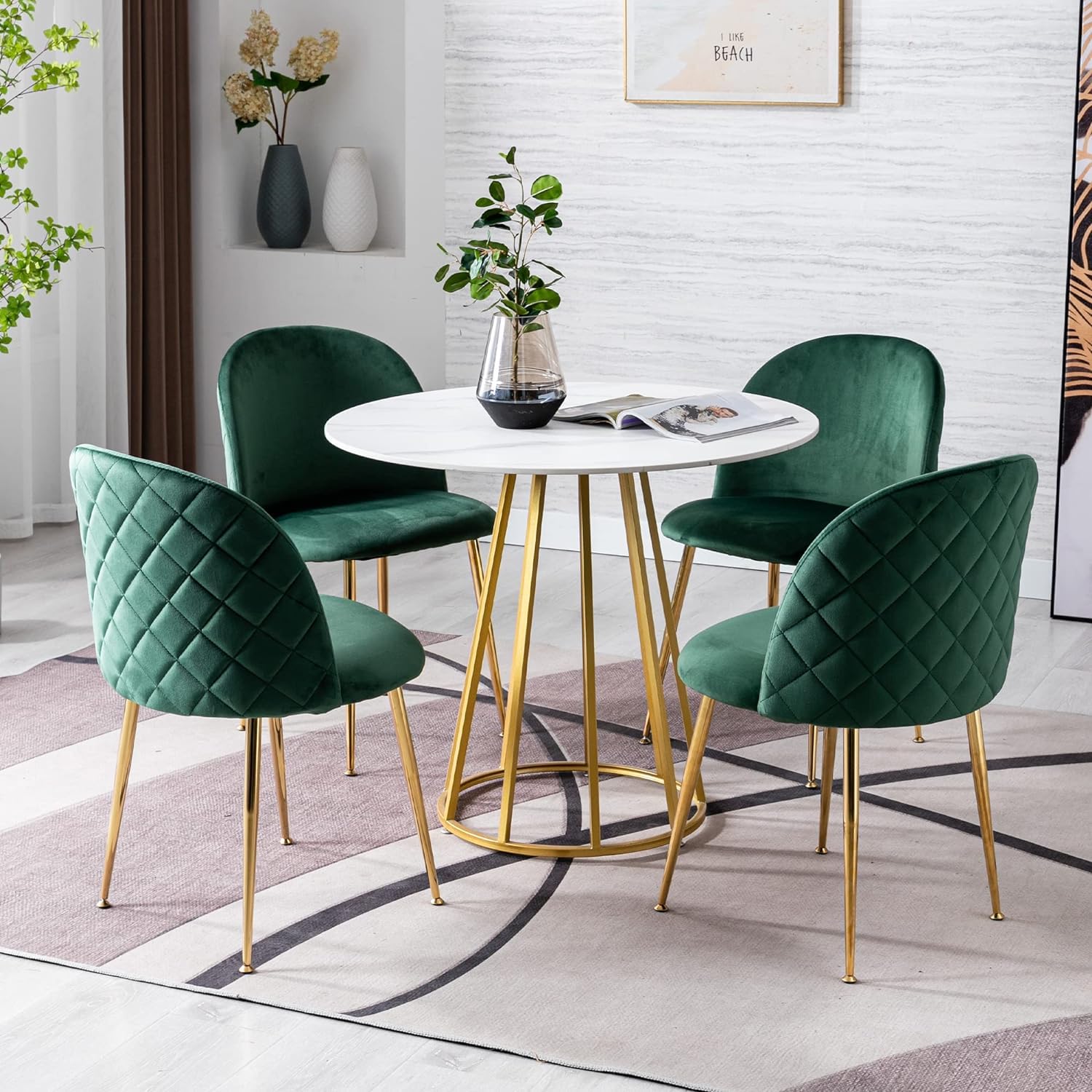 Ensemble Table a Manger avec 4 Chaises Tables Ronde 80cm et Chaises Velours pour Cuisine, Salle à Manger et Salon (4 chaises Vert + Table Ronde)
