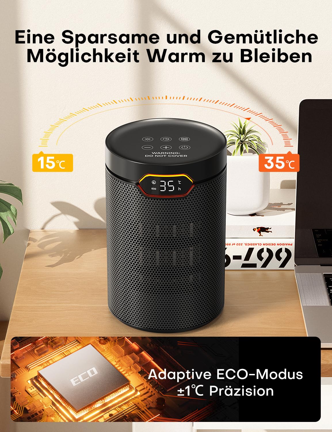 QEXREED Heizlüfter 1500W PTC Energiesparend ECO Modus 4 Heizmodi Thermostat 24H Timer Fernbedienung Überhitzungsschutz Kippschutz Tragbar Leise