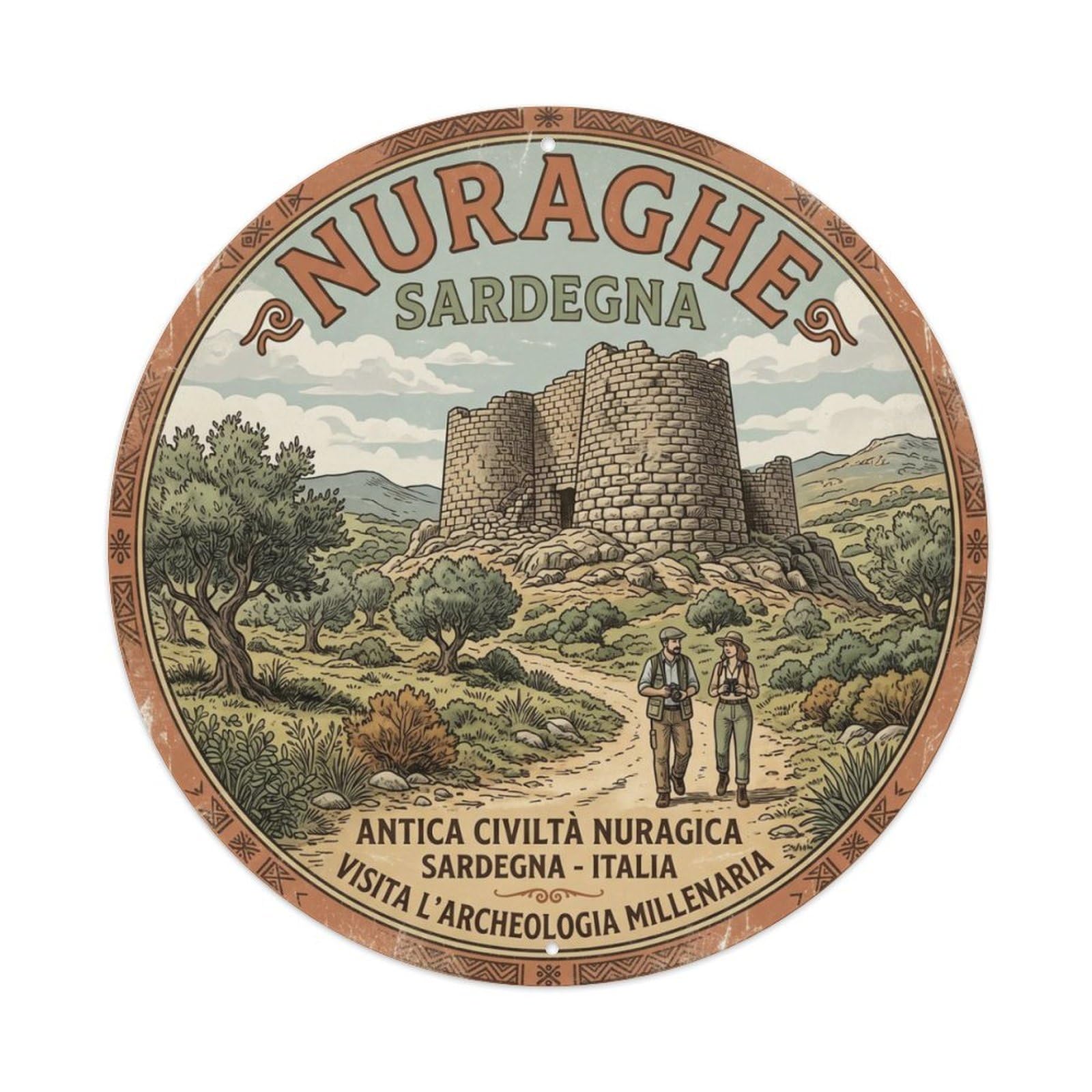 Vintage Travel Nuraghe Sardinia Ancient Metal Tin Sign Plaque Wall Decor for Cafe, Club Bar, Office, Home Garden Round Metal Poster 8x8Inch