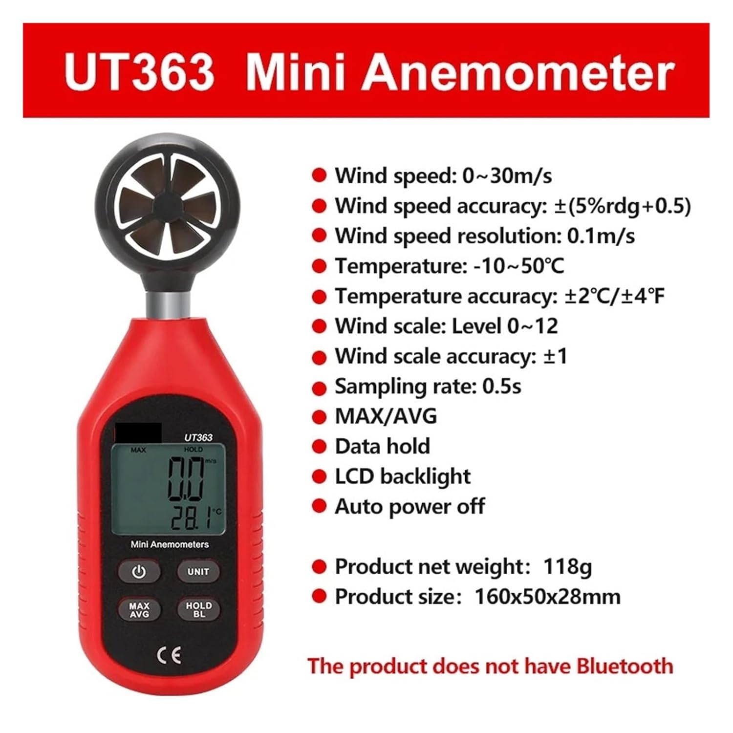 Wind Sensors UT363 Handheld Anemometer Digital UT363BT Wind Speed Measurement Temperature Tester LCD Display Air Flow Speed Wind Meter (Color : UT363)