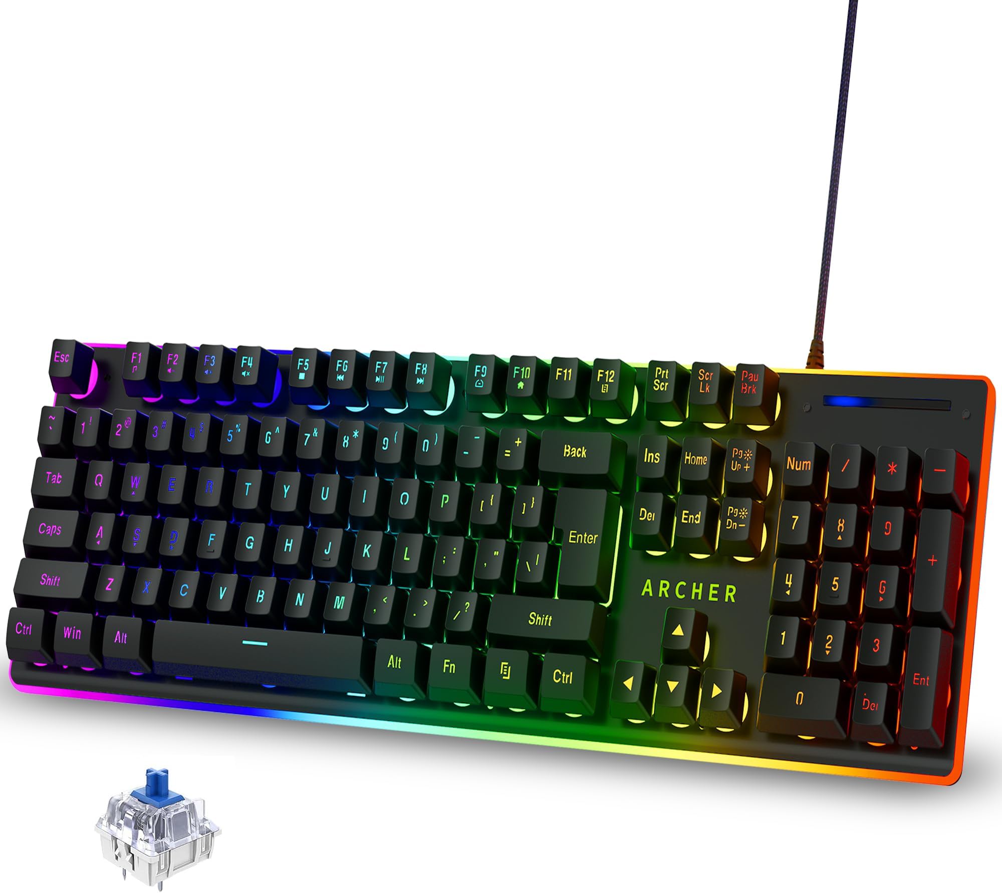 Archer Tech Lab Mechanical Gaming Keyboard with Clicky Responsive Outemu Blue Switches, 25 Anti-Ghosting Keys, Backlit Keyboard Membrane, 4 RGB Breathing Effects, PC/Mac Compatible (Astra G100-Black)