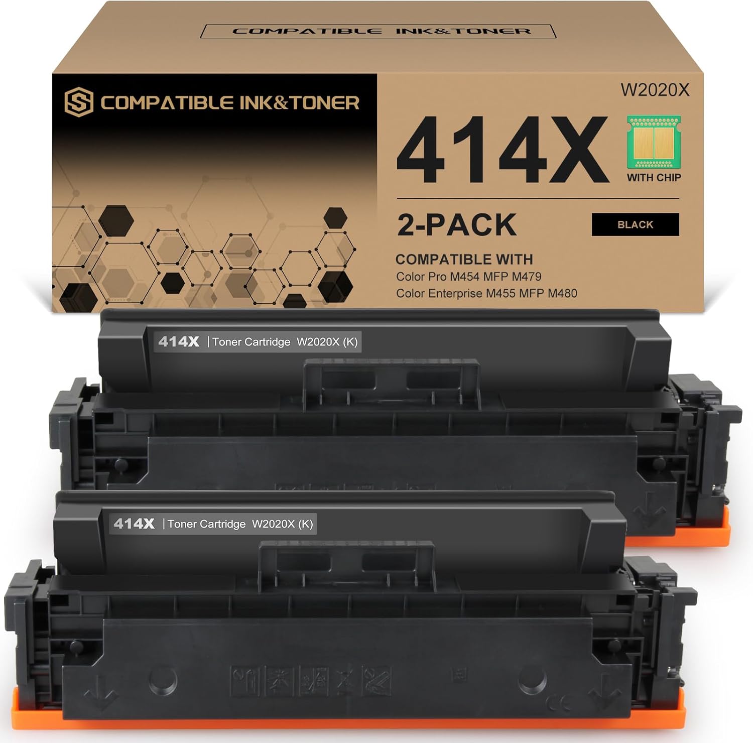 414X Black Remanufactured Toner Cartridges (with Chip) Works with Color Pro MFP M479fdw M479fdn M454dw M454dn M479dw M455dn M454, Enterprise Laser M455dn M480f Printer | W2020X 414A W2020A, Pack of 2