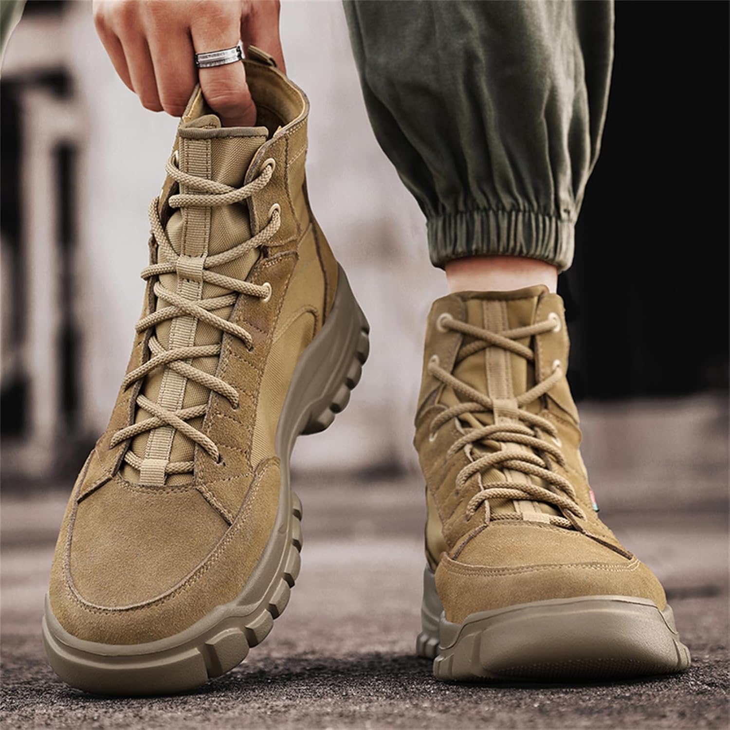 Men's Lightweight Lace Up Mid Top Military Tactical Boots Breathable 6 Inches Desert Cambat Work Boots for Motorcycle Backpacking Desert Army Jungle