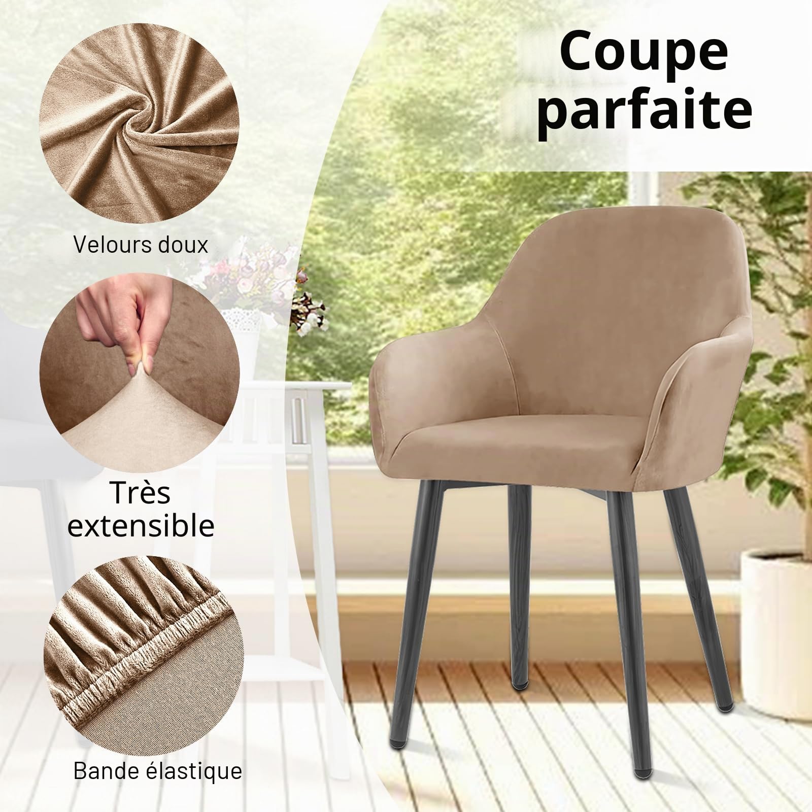 Alishomtll Lot de 4 housses de chaise extensibles en velours universel avec accoudoirs - Détachables et lavables - Pour chaises de salle à manger, cuisine, banquet, mariage et fête (Camel, lot de 4