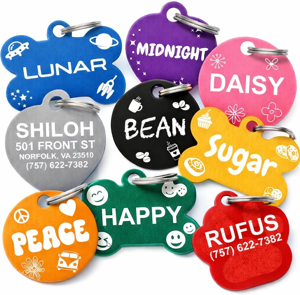 Etiqueta de identificación de mascota personalizada para perro gato personalizada | Muchas formas y colores para elegir | Fabricado en Estados Unidos | Aluminio anodizado resistente.