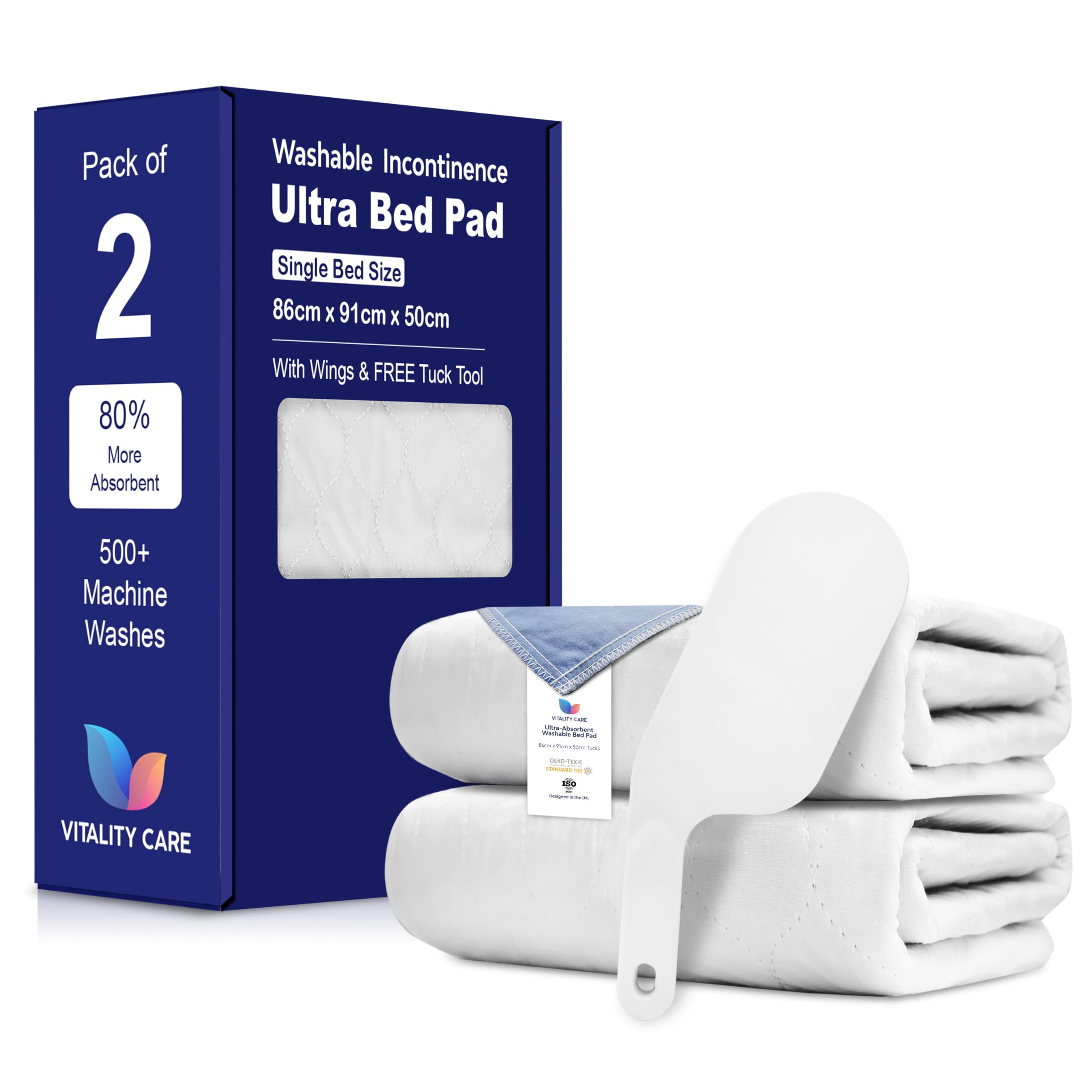 Vitality Care White Washable Bed Protector, 100% Waterproof Mattress Cover, Reusable Incontinence Pad With Tuck-In Flaps, For Adults, Children, Elderly & Pets, 86X91cm, Pack Of 2